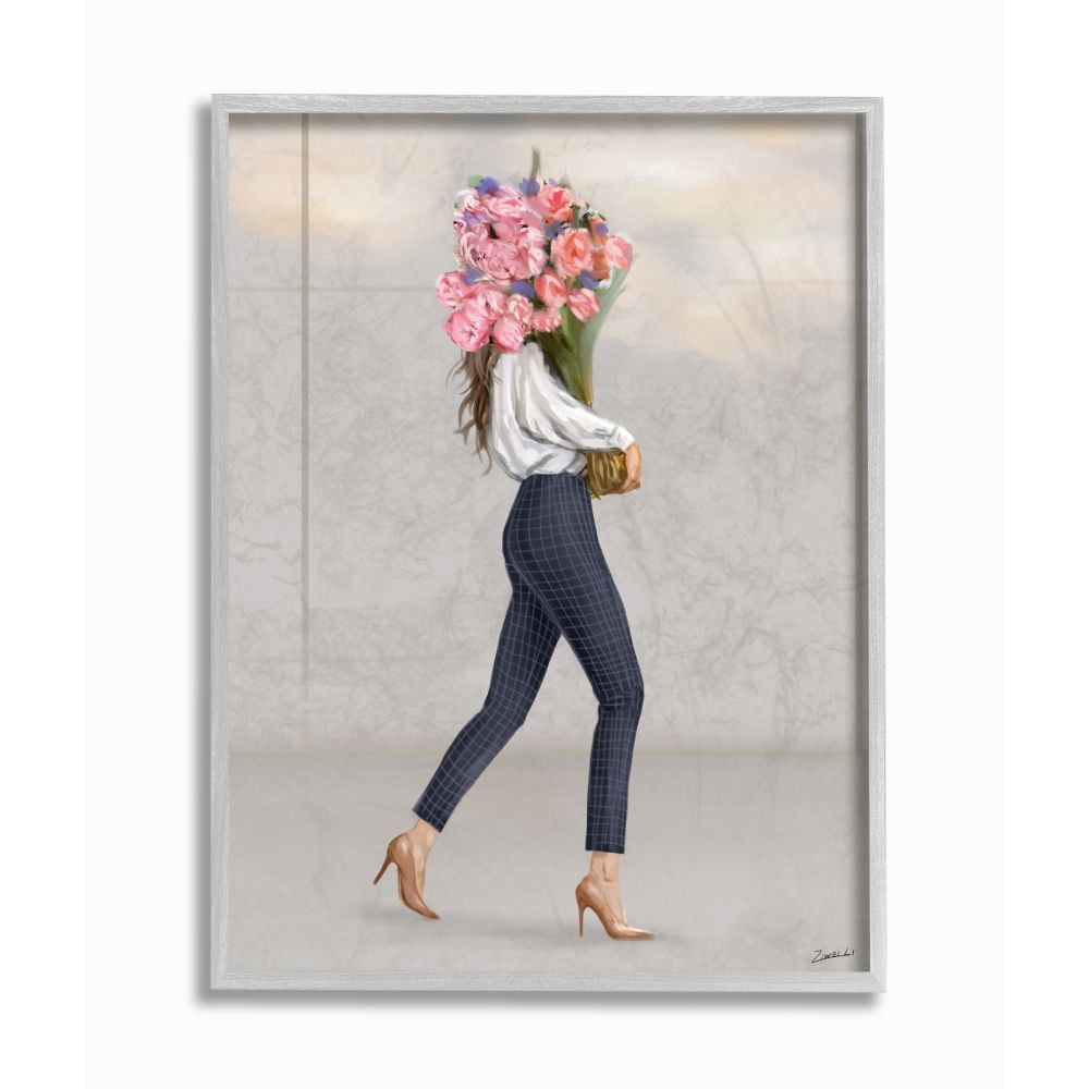 Stupell Industries Woman's Figure Metro Fashion Floral Bouquet Glamour Framed Wall Art Design by Ziwei Li, 16" x 20", Gray Framed
