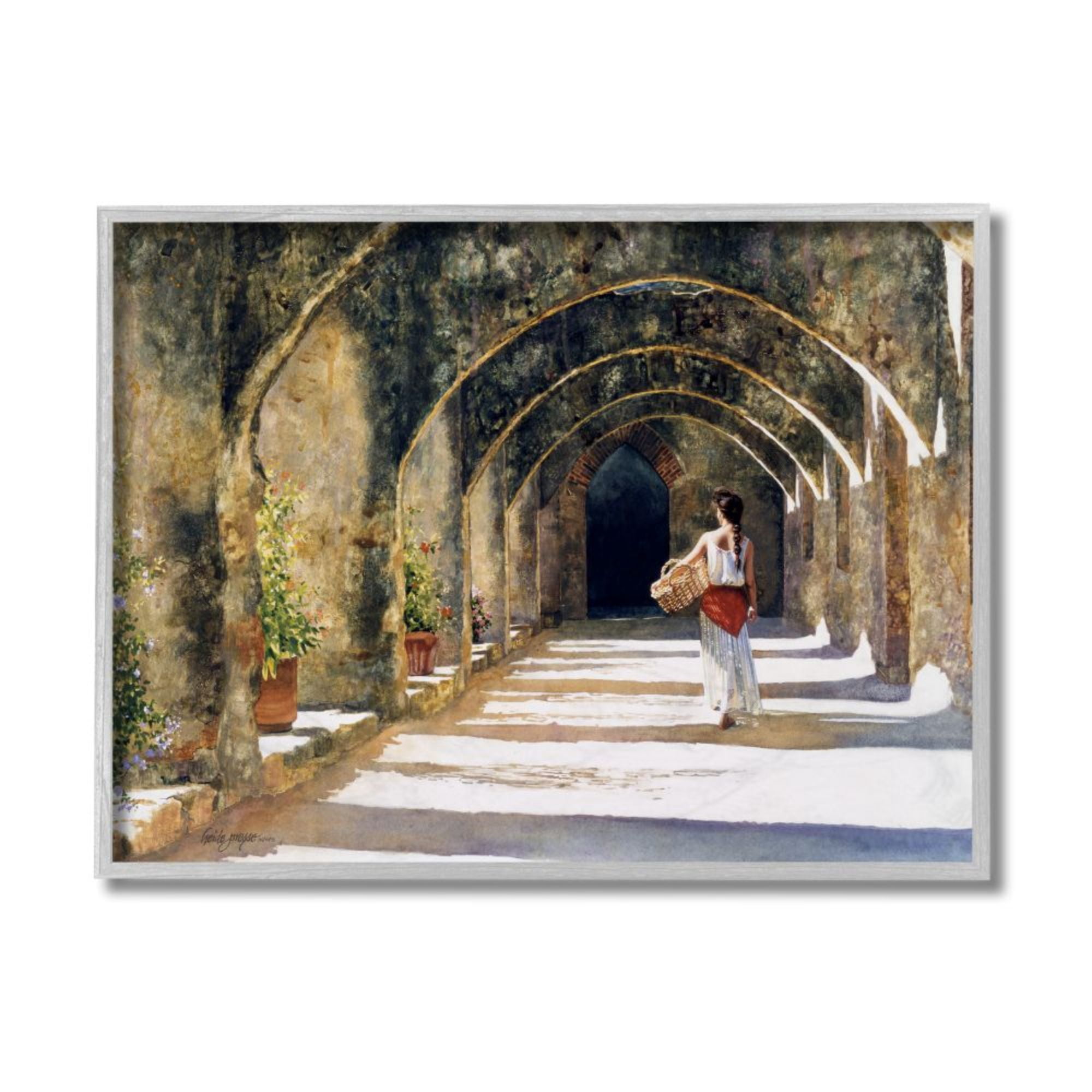 Stupell Industries Woman with Basket Walking Under Classic Arches Design by Heide Presse, 16" x 20", Gray Framed