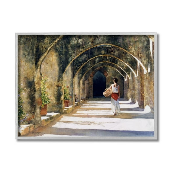 Stupell Industries Woman with Basket Walking Under Classic Arches Design by Heide Presse, 16" x 20", Gray Framed