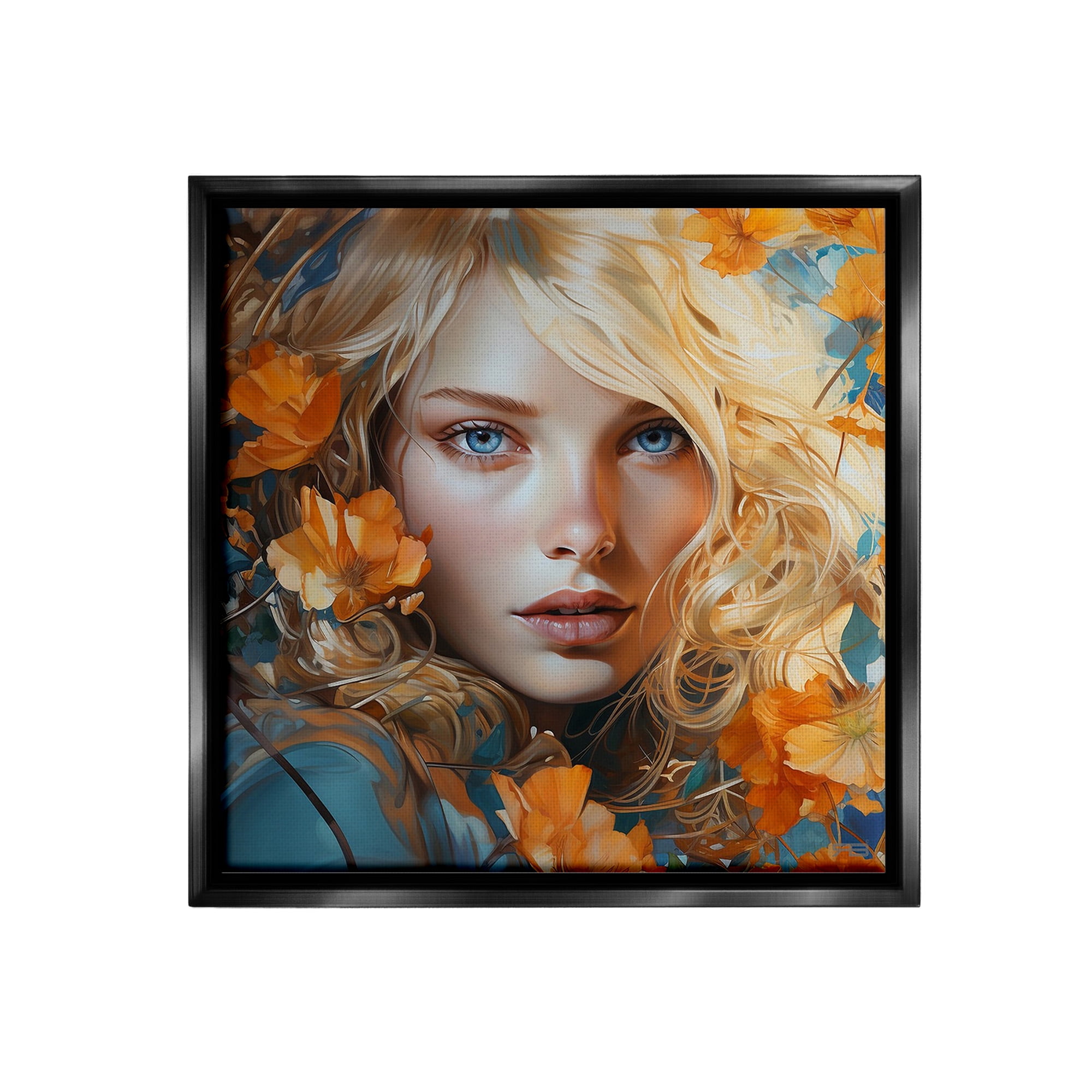 Stupell Industries Woman with Blue Gaze Botanical & Floral Painting Black Floater Framed Canvas Art Print Wall Art, 25 x 25