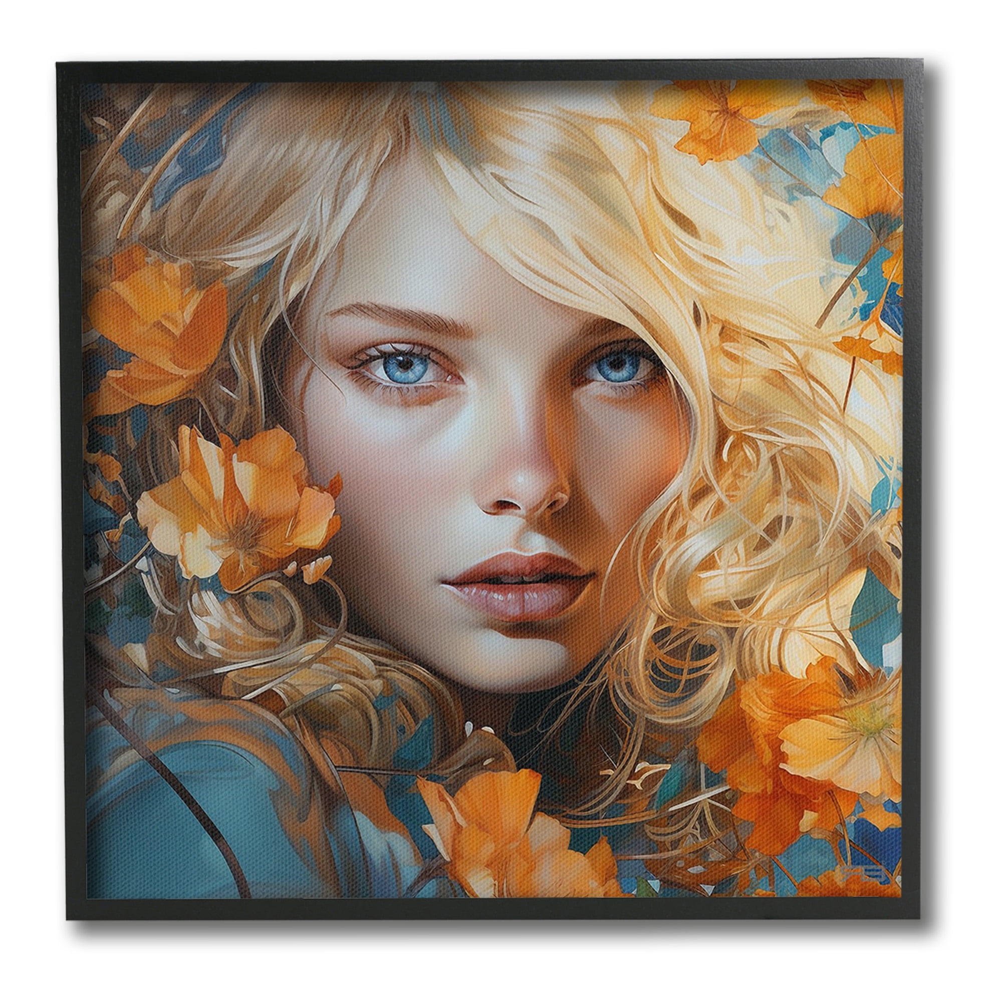 Stupell Industries Woman with Blue Gaze Botanical & Floral Painting Black Framed Art Print Wall Art, 24 x 24