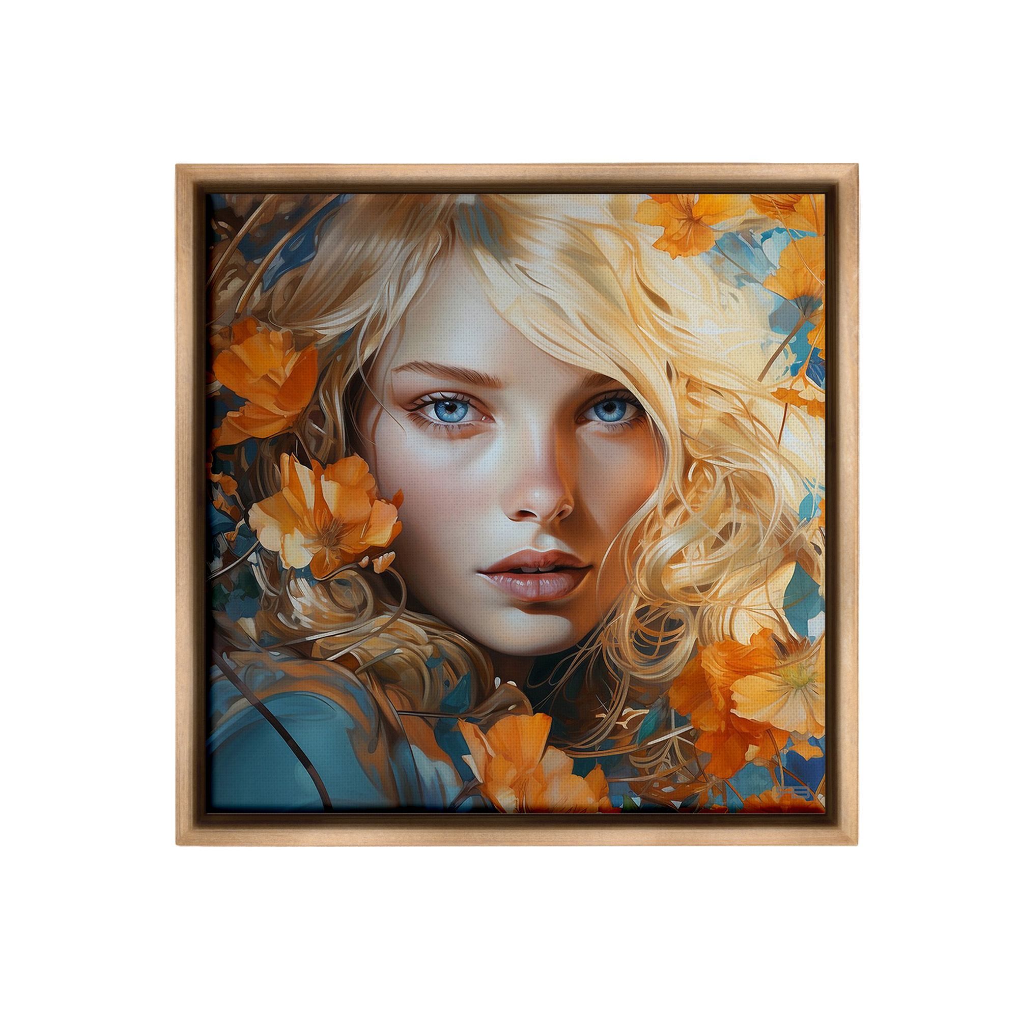 Stupell Industries Woman with Blue Gaze Botanical & Floral Painting Brown Floater Framed Canvas Art Print Wall Art, 18 x 18
