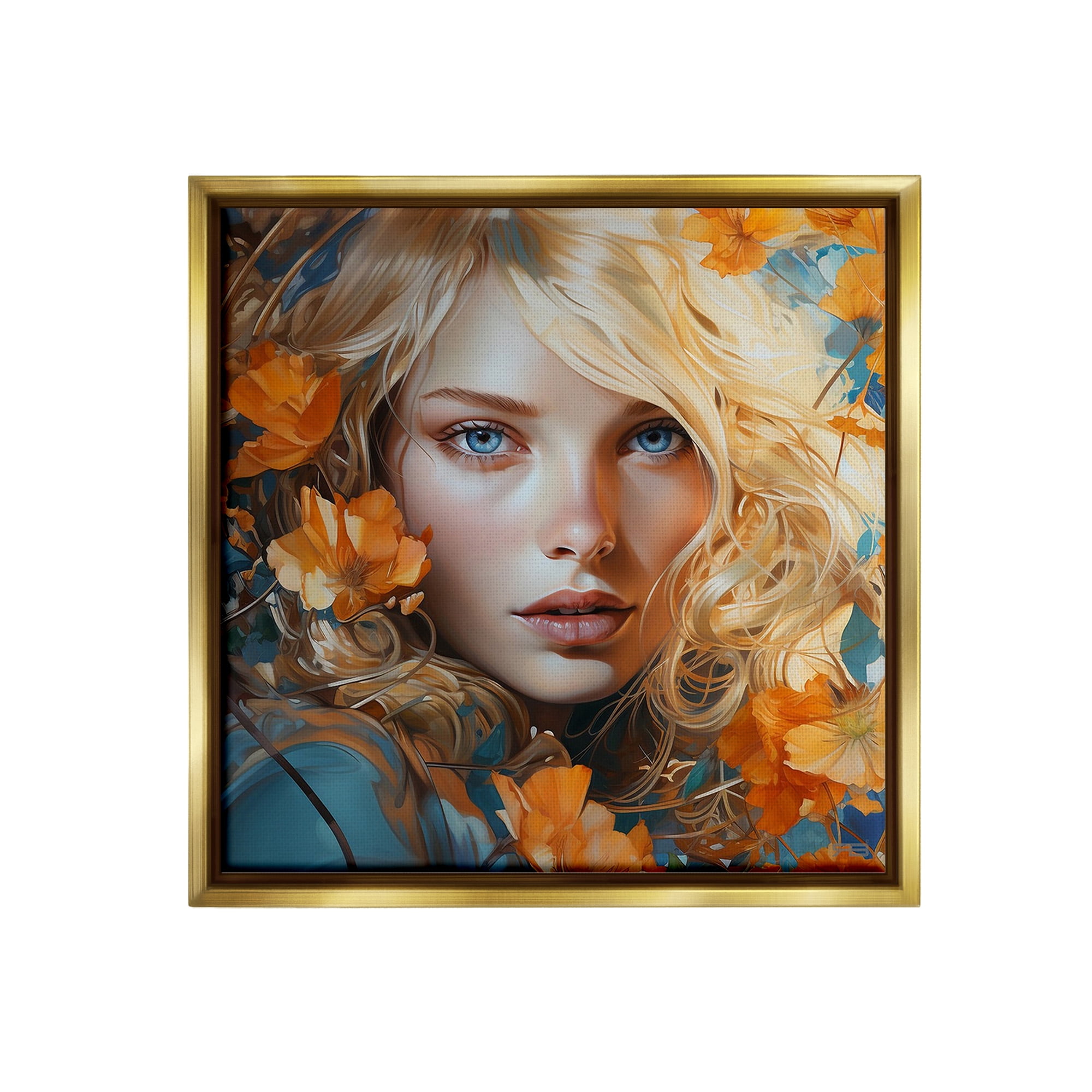 Stupell Industries Woman with Blue Gaze Botanical & Floral Painting Gold Floater Framed Canvas Art Print Wall Art, 18 x 18