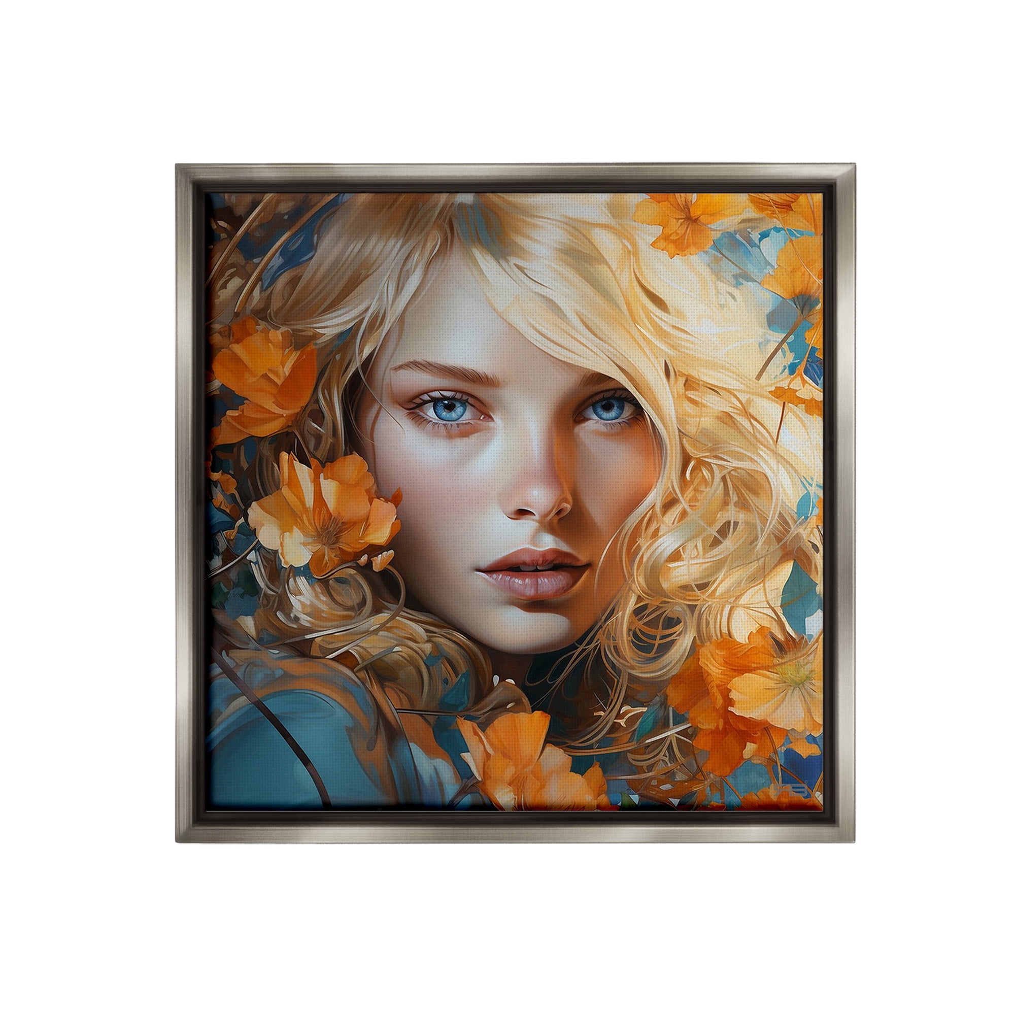 Stupell Industries Woman with Blue Gaze Botanical & Floral Painting Gray Floater Framed Canvas Art Print Wall Art, 18 x 18