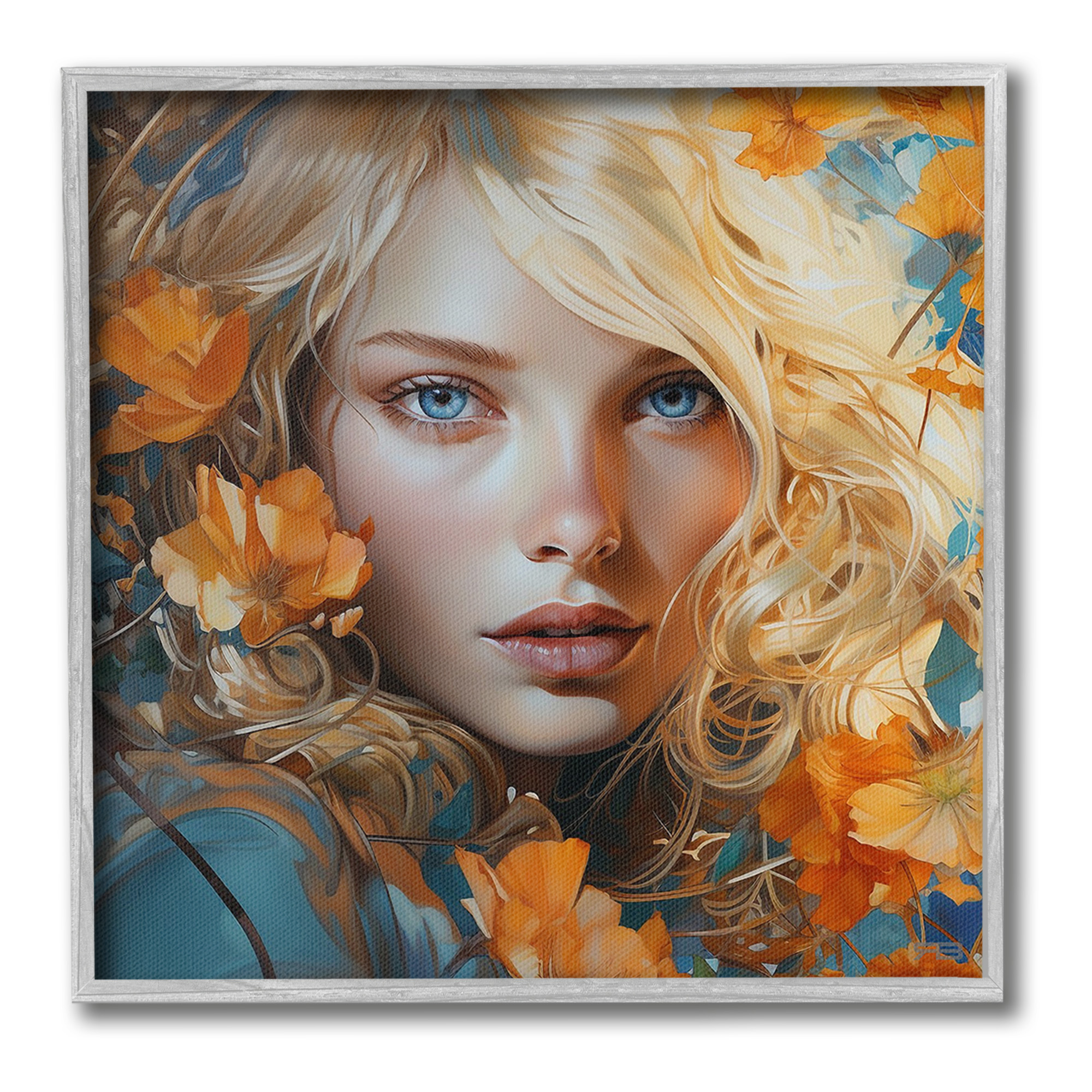 Stupell Industries Woman with Blue Gaze Botanical & Floral Painting Gray Framed Art Print Wall Art, 12 x 12