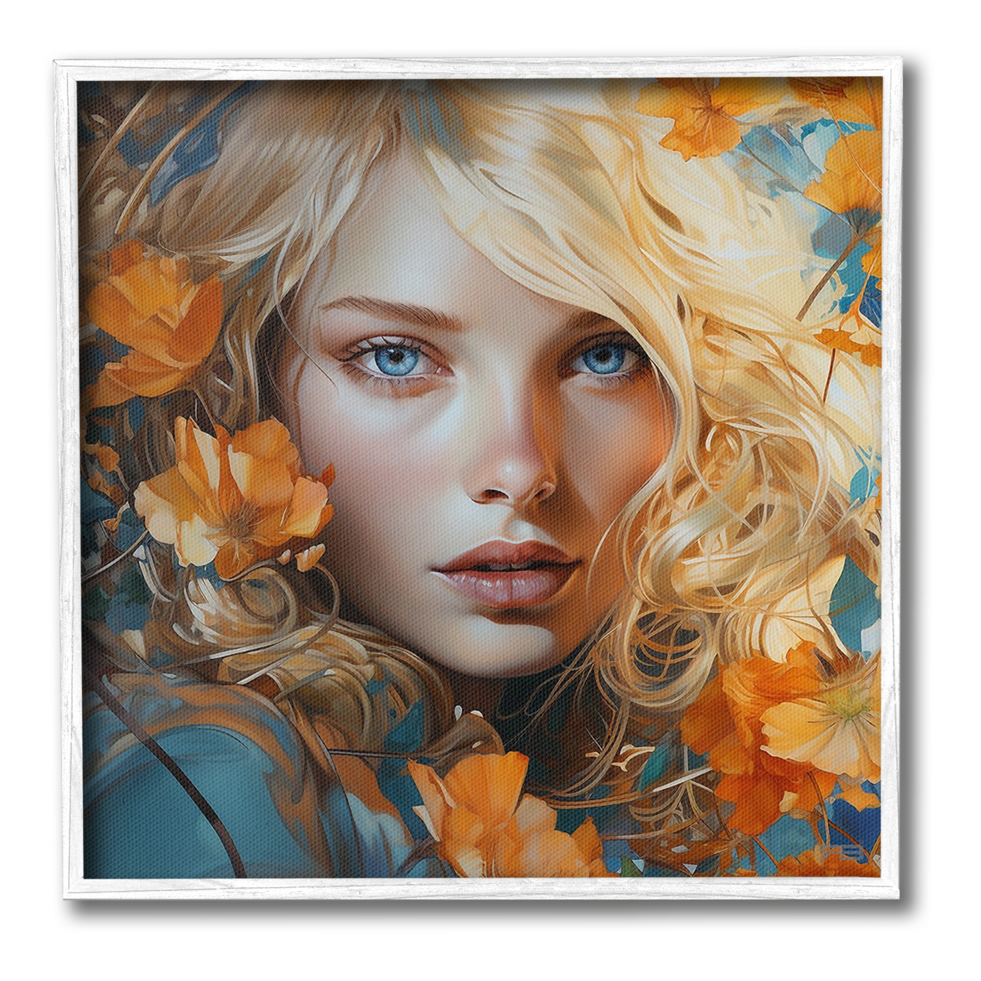 Stupell Industries Woman with Blue Gaze Botanical & Floral Painting White Framed Art Print Wall Art, 24 x 24