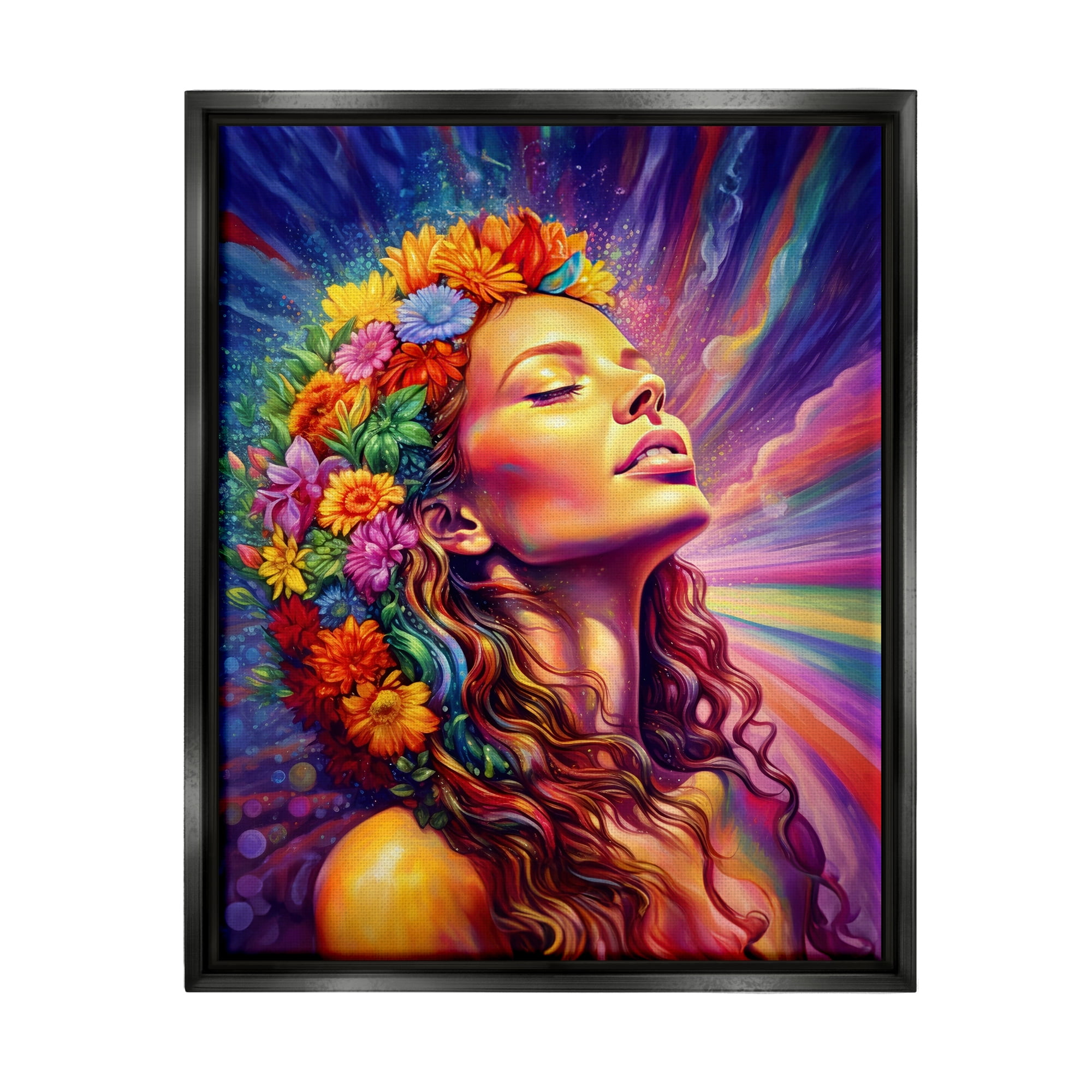 Stupell Industries Woman with Floral Garland Botanical & Floral Painting Black Floater Framed Canvas Art Print Wall Art, 25 x 31
