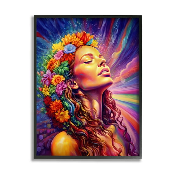 Stupell Industries Woman with Floral Garland Botanical & Floral Painting Black Framed Art Print Wall Art, 16 x 20