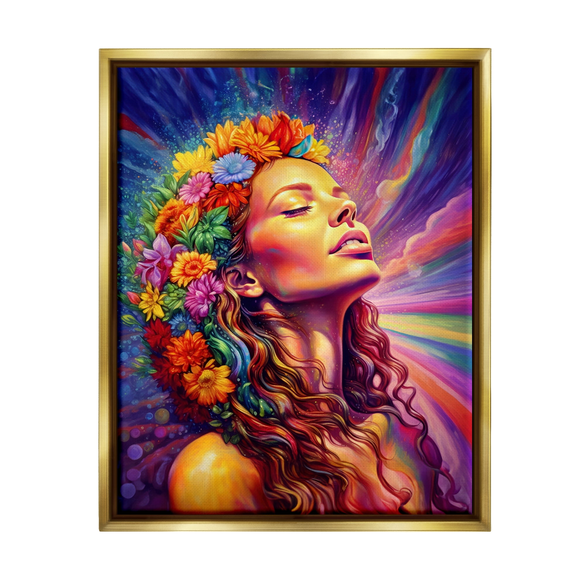 Stupell Industries Woman with Floral Garland Botanical & Floral Painting Gold Floater Framed Canvas Art Print Wall Art, 17 x 21
