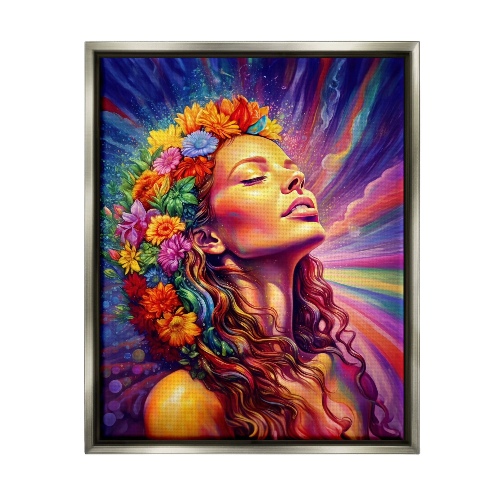 Stupell Industries Woman with Floral Garland Botanical & Floral Painting Gray Floater Framed Canvas Art Print Wall Art, 17 x 21