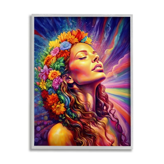 Stupell Industries Woman with Floral Garland Botanical & Floral Painting Gray Framed Art Print Wall Art, 11 x 14