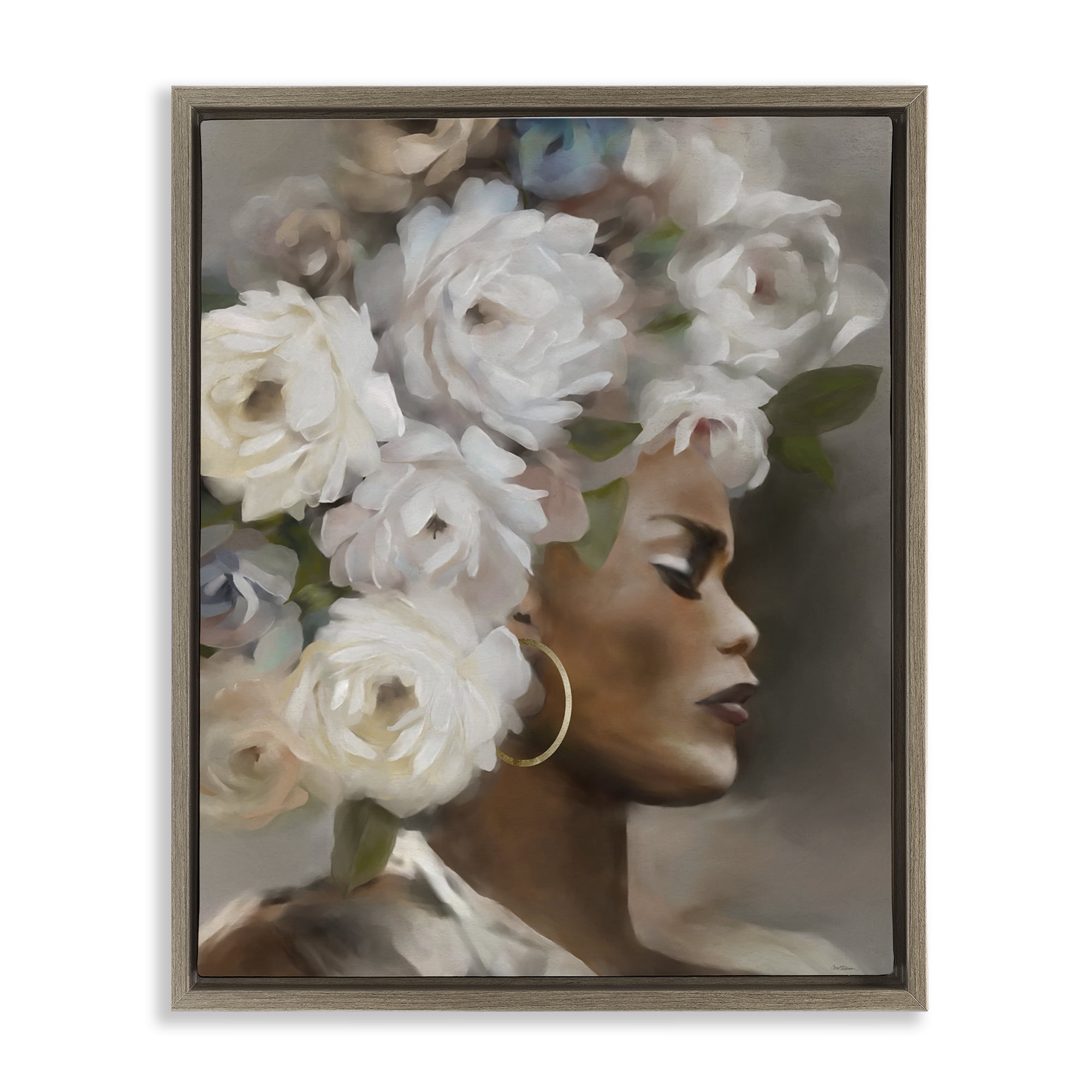 Stupell Industries Woman with Floral Headdress Plants & Flowers Painting Brown Floater Framed Canvas Art Print Wall Art, 25 x 31
