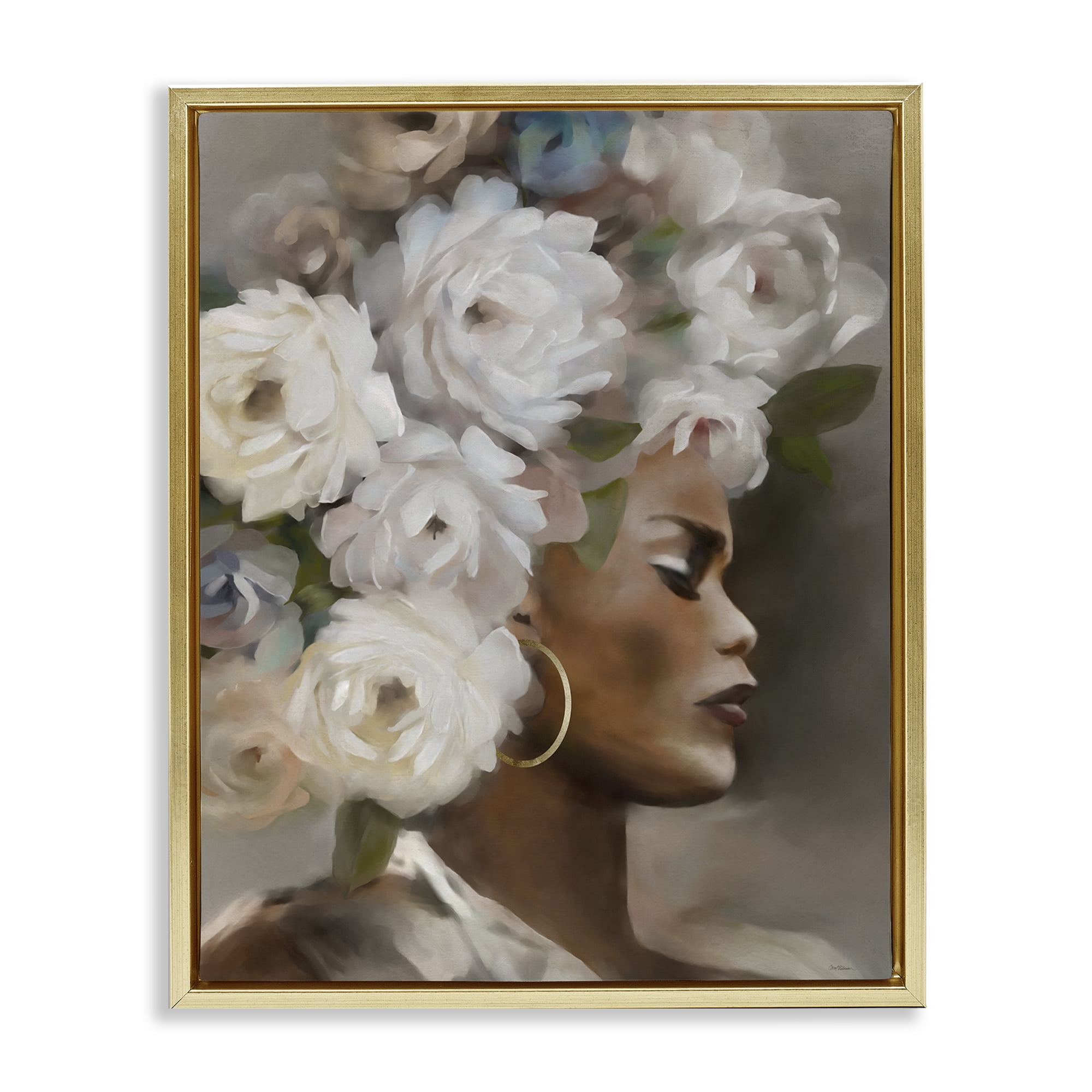 Stupell Industries Woman with Floral Headdress Plants & Flowers Painting Gold Floater Framed Canvas Art Print Wall Art, 25 x 31