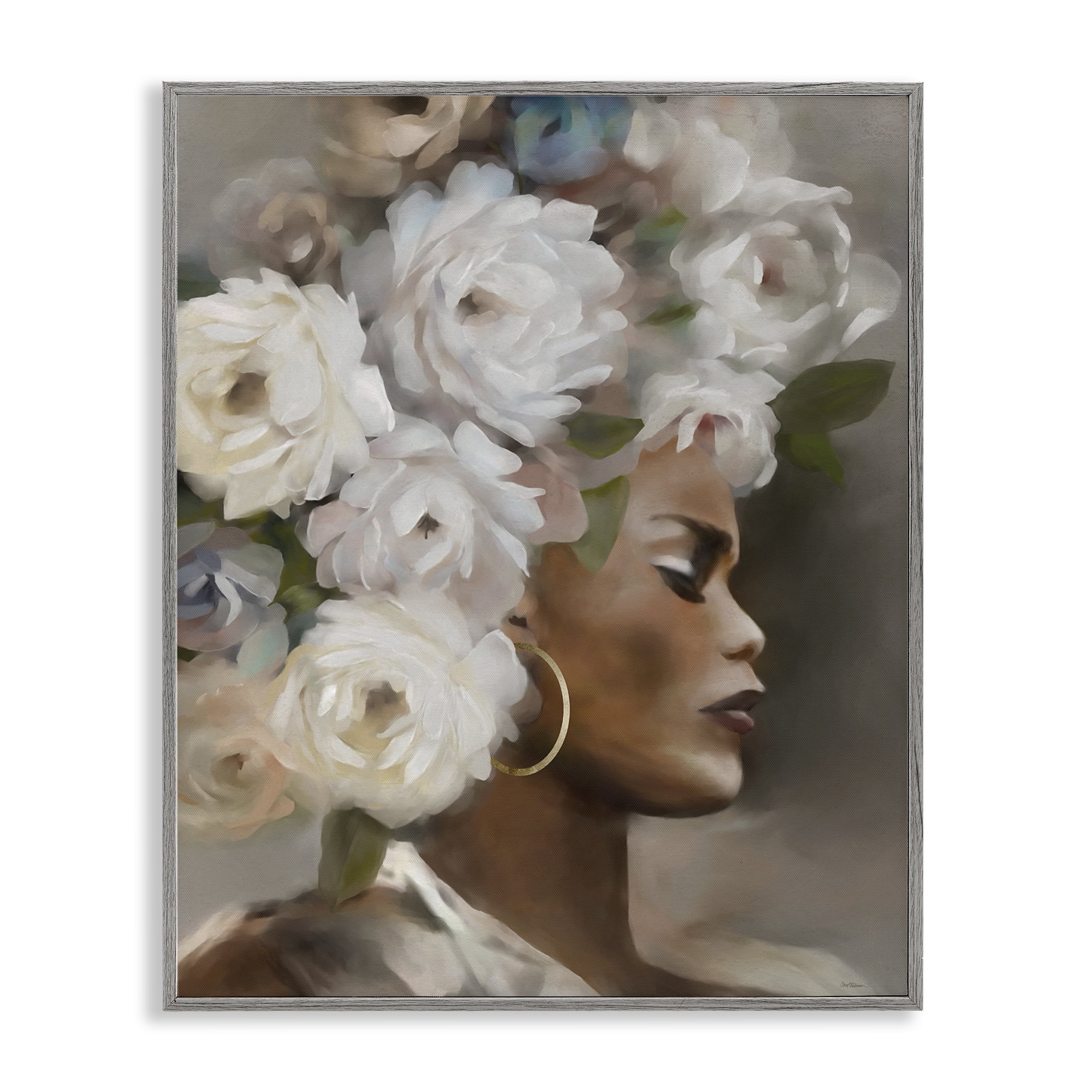Stupell Industries Woman with Floral Headdress Plants & Flowers Painting Gray Framed Art Print Wall Art, 16 x 20