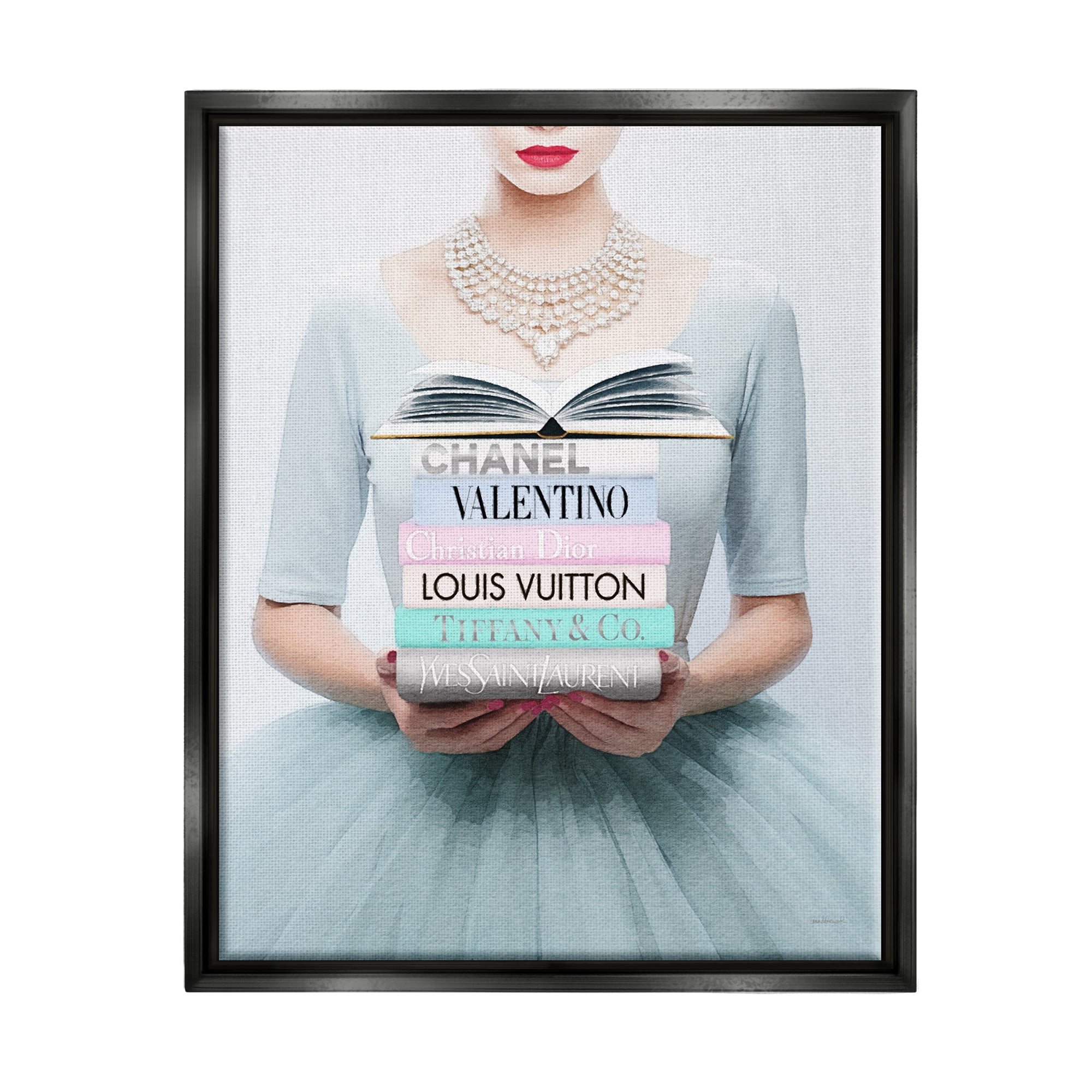 Stupell Industries Woman with Glam Books Beauty & Fashion Painting Black Floater Framed Canvas Art Print Wall Art, 25 x 31