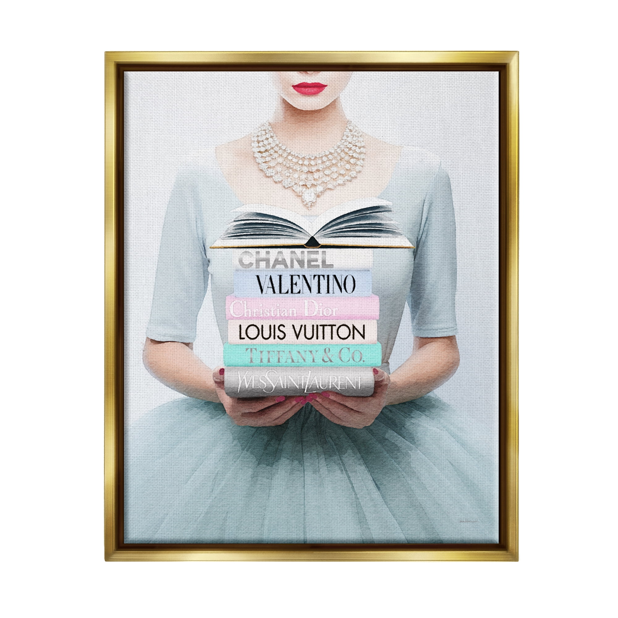 Stupell Industries Woman with Glam Books Beauty & Fashion Painting Gold Floater Framed Canvas Art Print Wall Art, 25 x 31