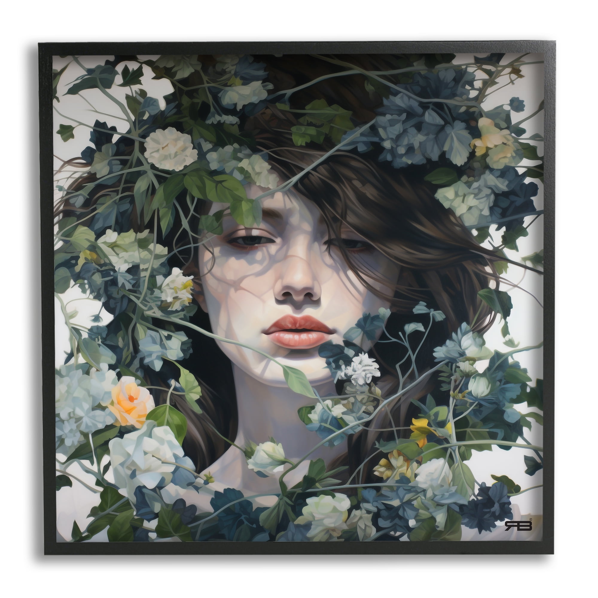 Stupell Industries Woman with Green Blossoms Botanical & Floral Painting Black Framed Art Print Wall Art, 17 x 17