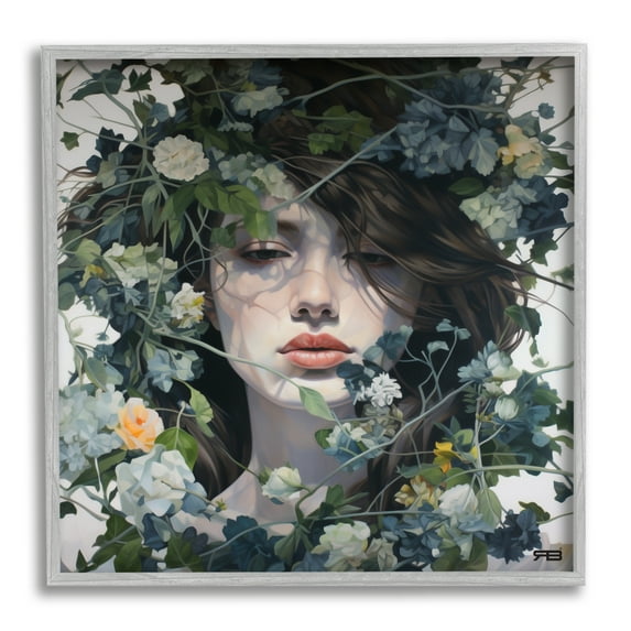 Stupell Industries Woman with Green Blossoms Botanical & Floral Painting Gray Framed Art Print Wall Art, 24 x 24