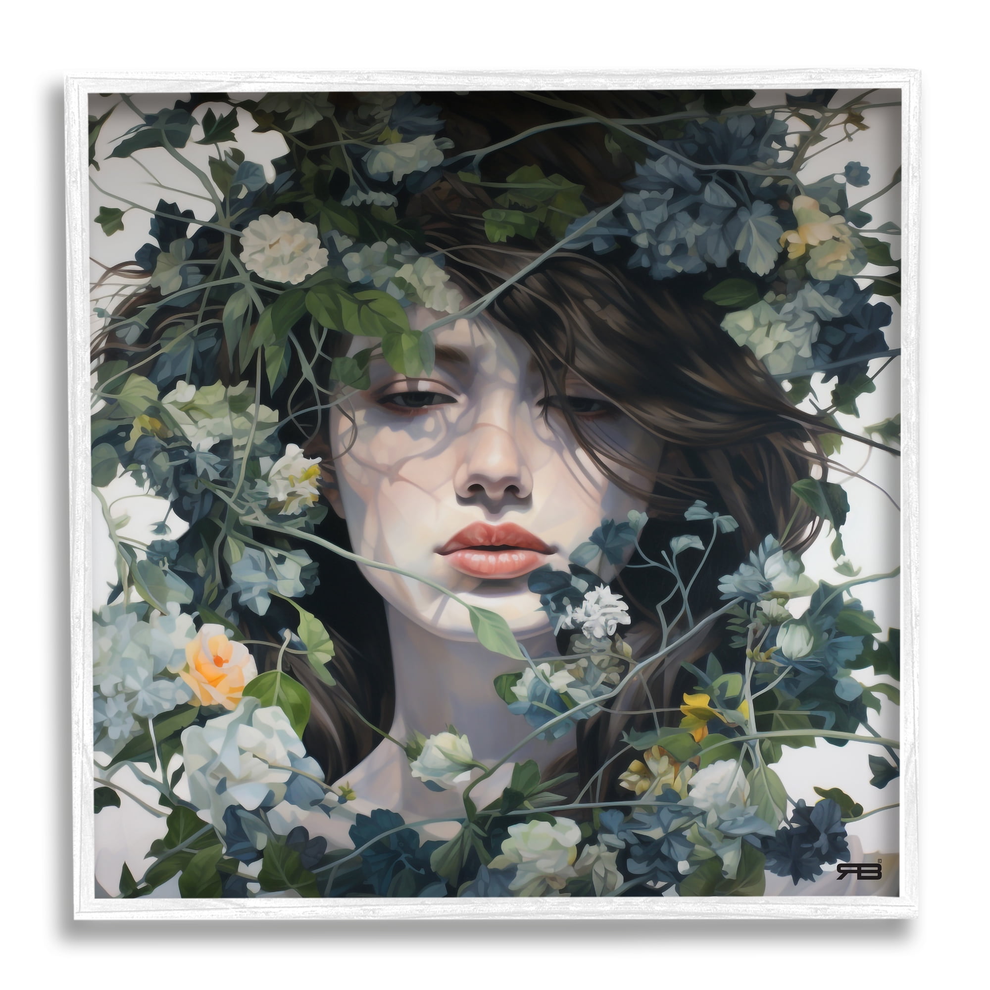 Stupell Industries Woman with Green Blossoms Botanical & Floral Painting White Framed Art Print Wall Art, 17 x 17