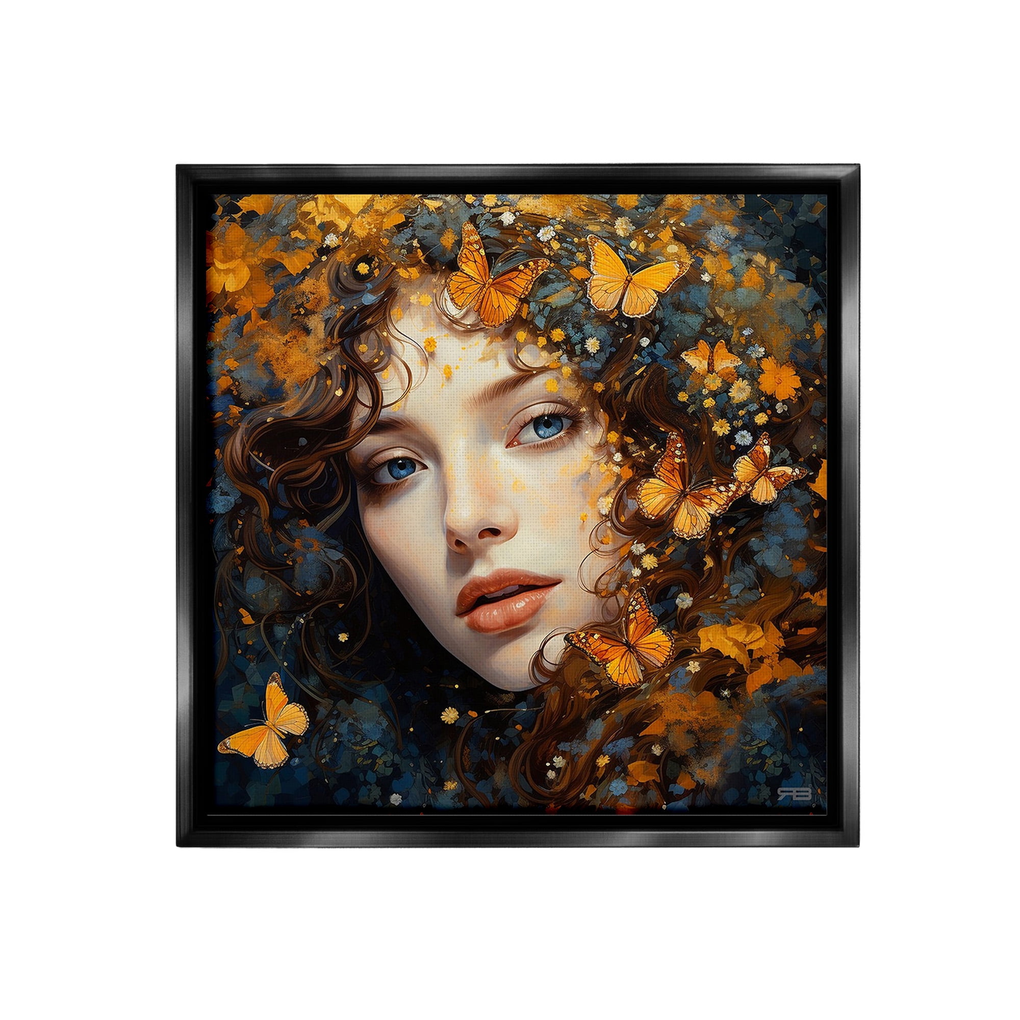 Stupell Industries Woman with Monarch Butterflies Animals & Insects Painting Black Floater Framed Canvas Art Print Wall Art, 25 x 25