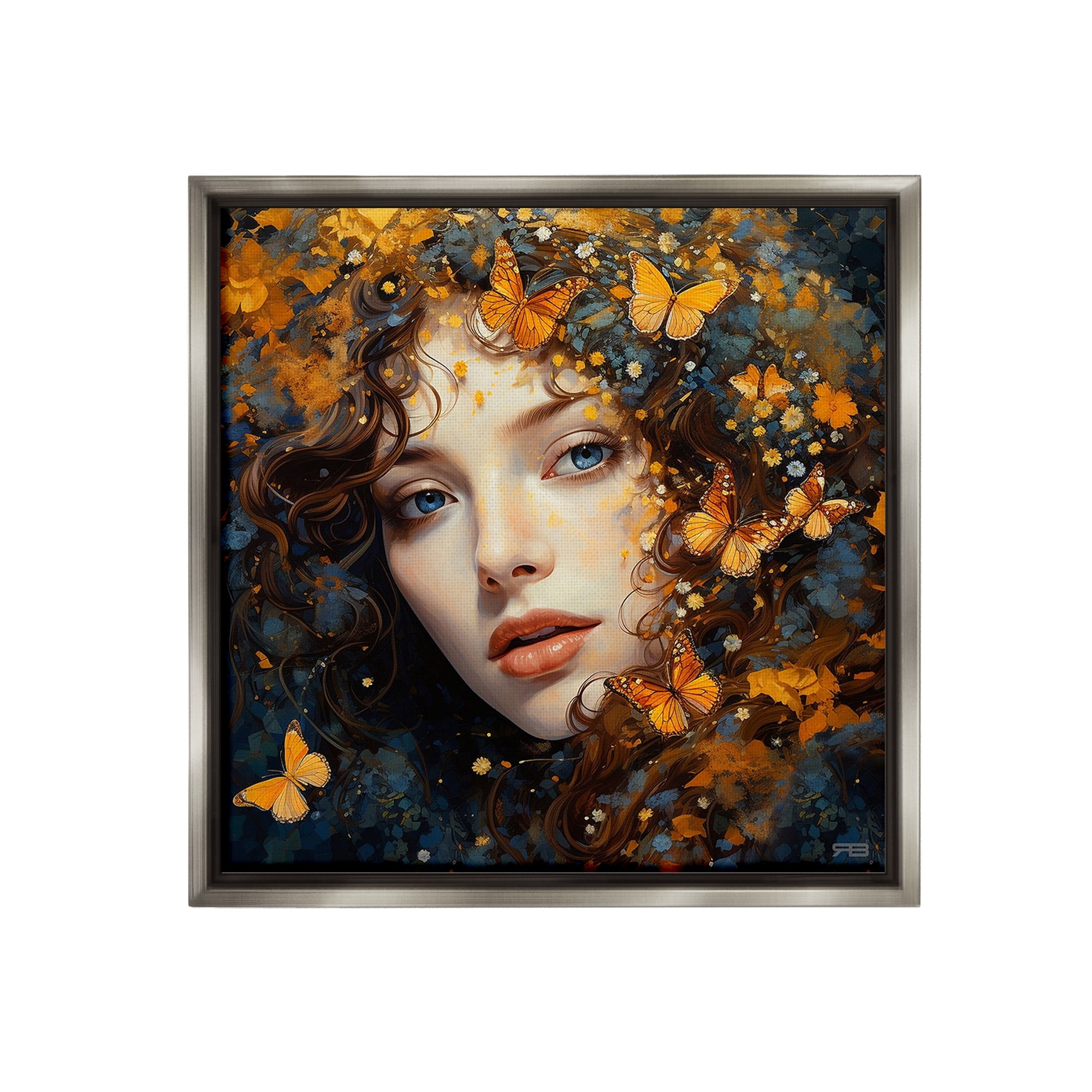 Stupell Industries Woman with Monarch Butterflies Animals & Insects Painting Gray Floater Framed Canvas Art Print Wall Art, 18 x 18