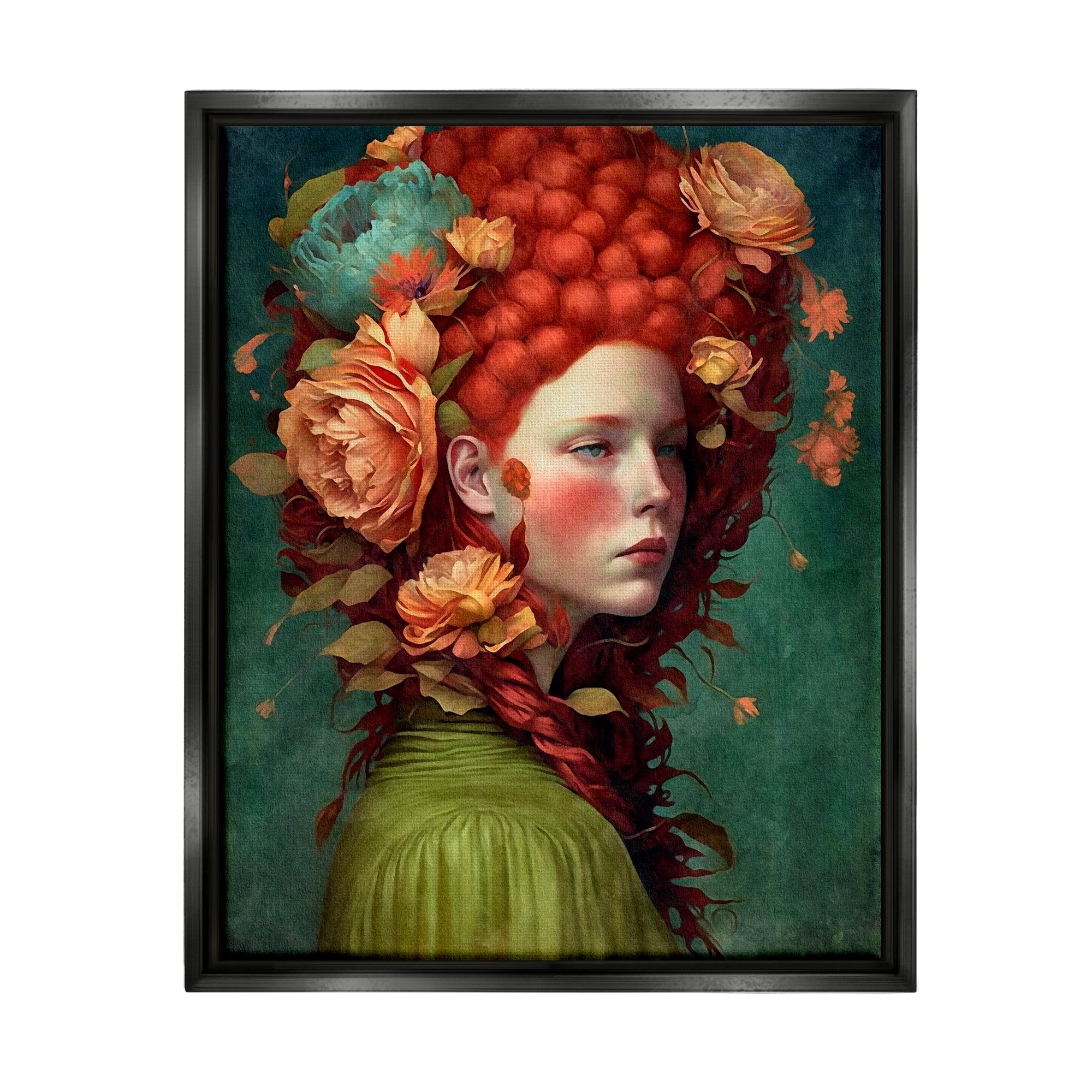 Stupell Industries Woman with Peonies Portrait Botanical & Floral Painting Black Floater Framed Art Print Wall Art, 25 x 31