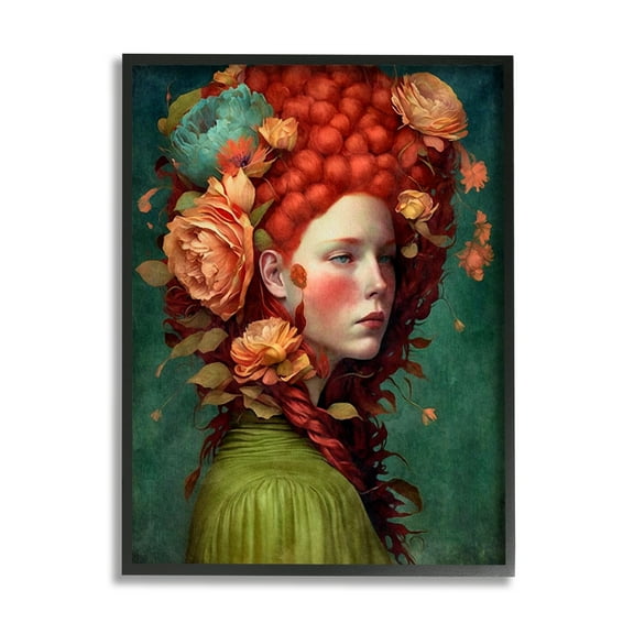 Stupell Industries Woman with Peonies Portrait Botanical & Floral Painting Black Framed Art Print Wall Art, 11 x 14