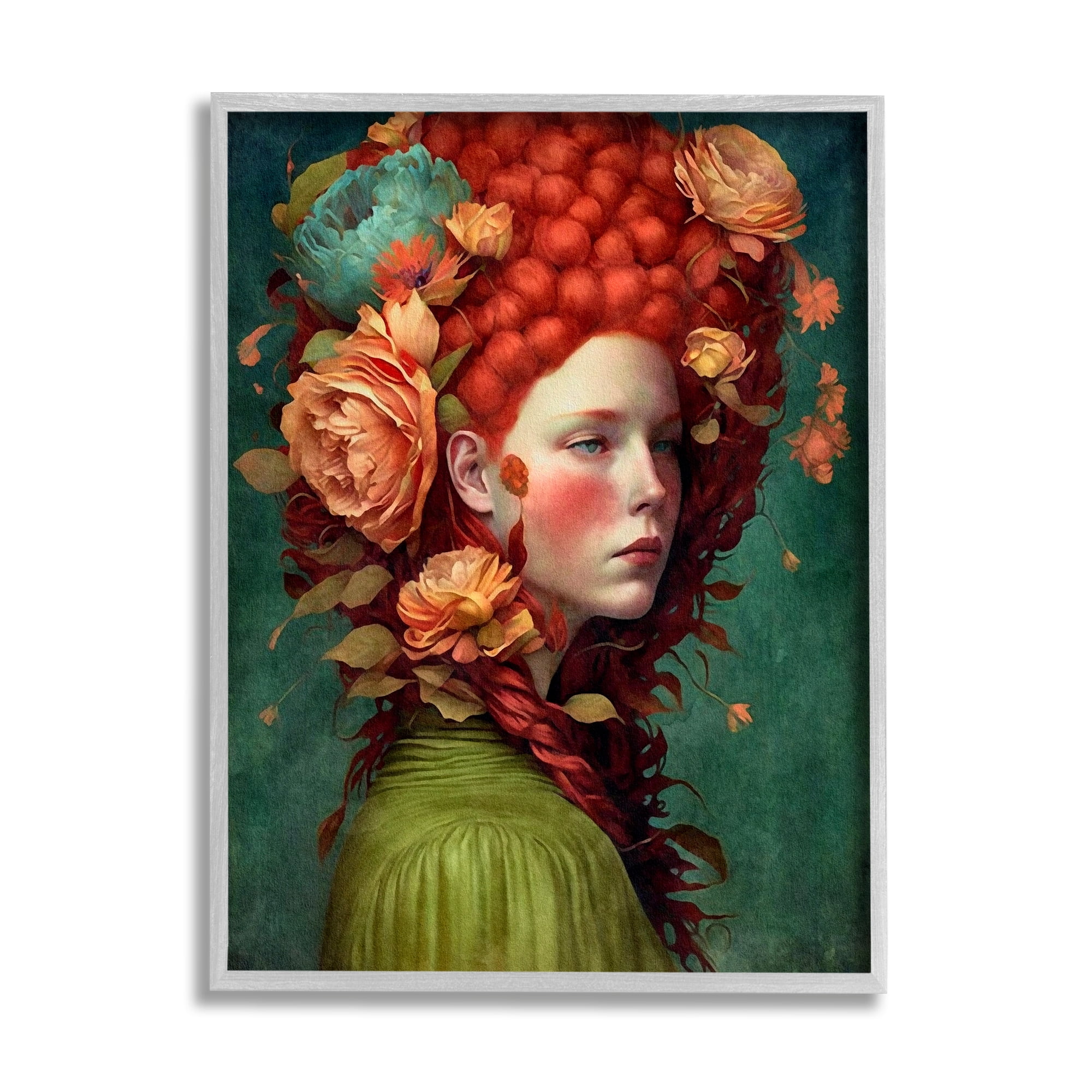Stupell Industries Woman with Peonies Portrait Botanical & Floral Painting Gray Framed Art Print Wall Art, 11 x 14