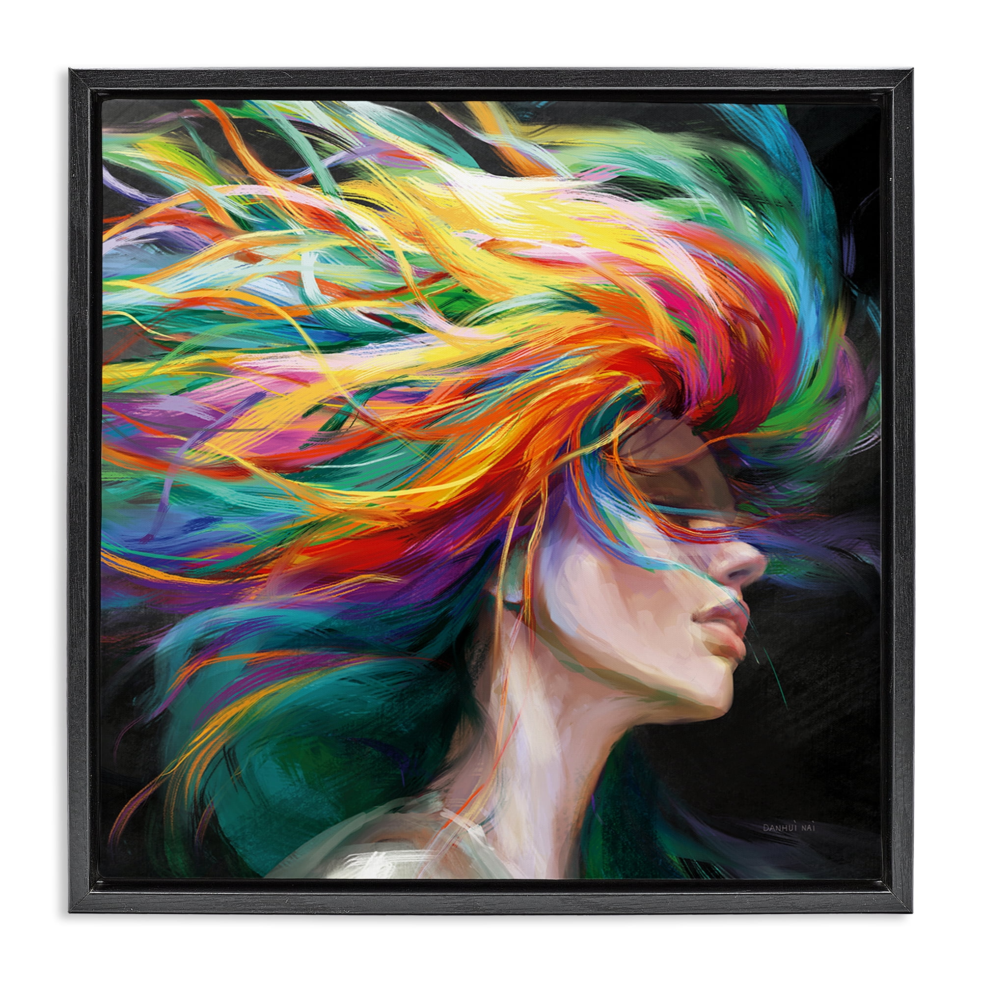 Stupell Industries Woman with Rainbow Hair People Painting Black Floater Framed Canvas Art Print Wall Art, 25 x 25