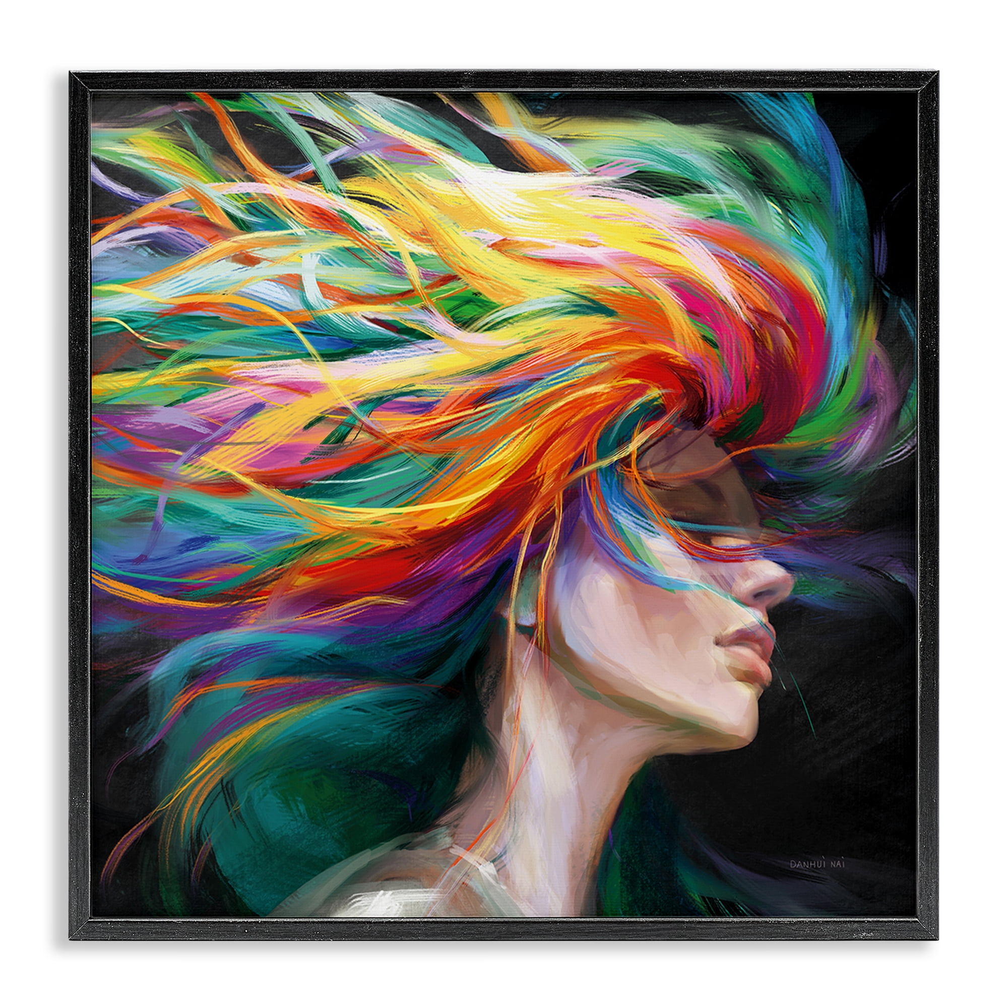 Stupell Industries Woman with Rainbow Hair People Painting Black Framed Art Print Wall Art, 24 x 24