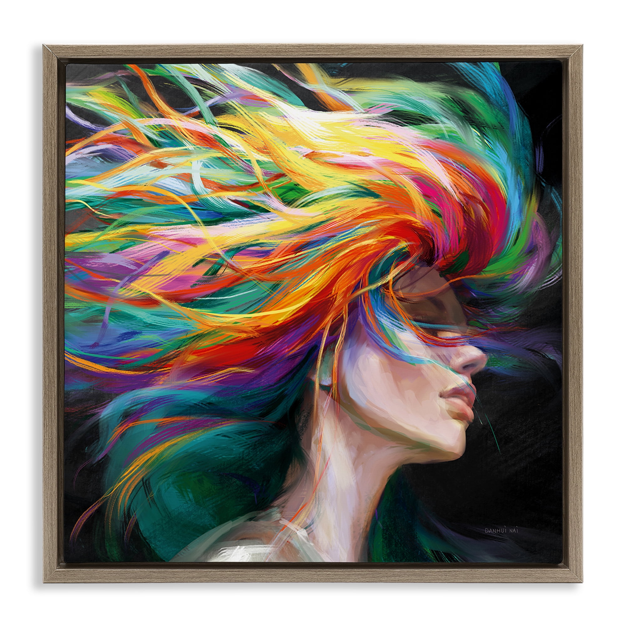 Stupell Industries Woman with Rainbow Hair People Painting Brown Floater Framed Canvas Art Print Wall Art, 18 x 18