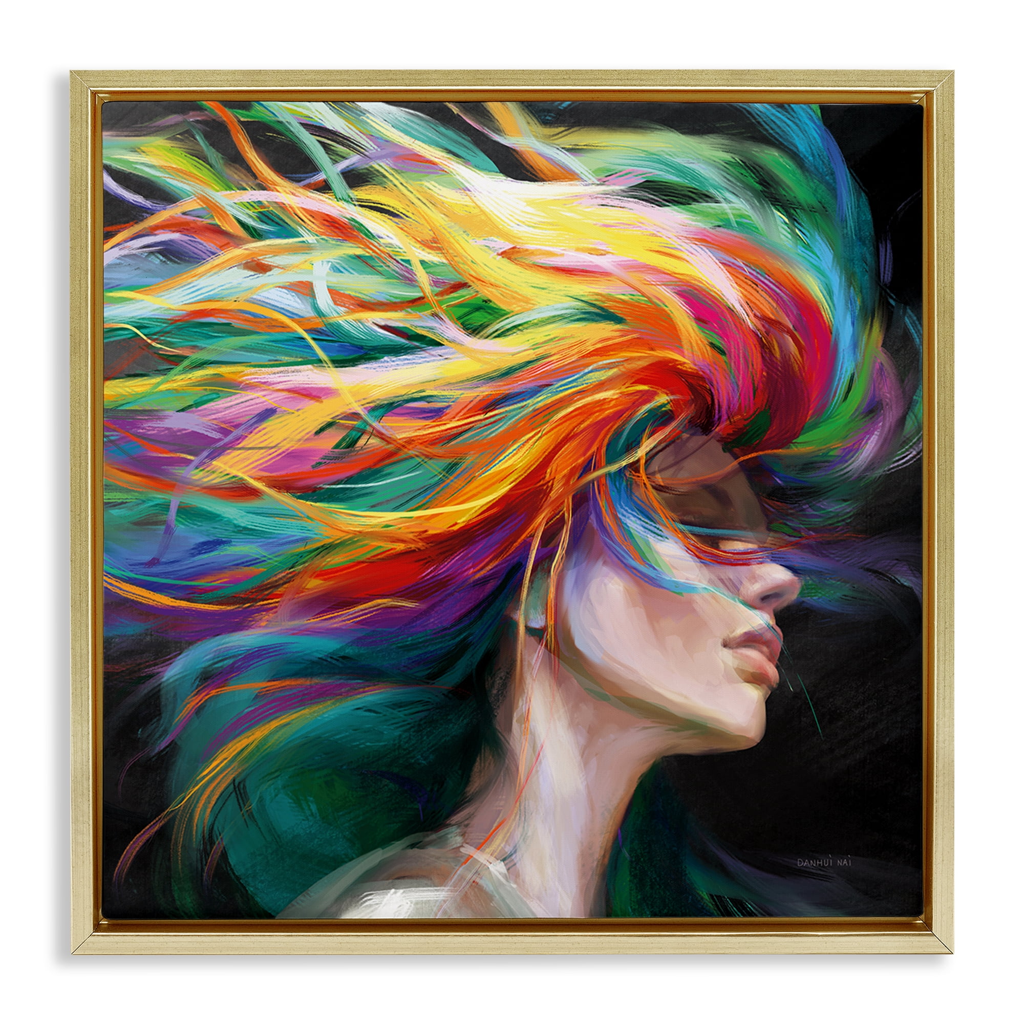 Stupell Industries Woman with Rainbow Hair People Painting Gold Floater Framed Canvas Art Print Wall Art, 25 x 25