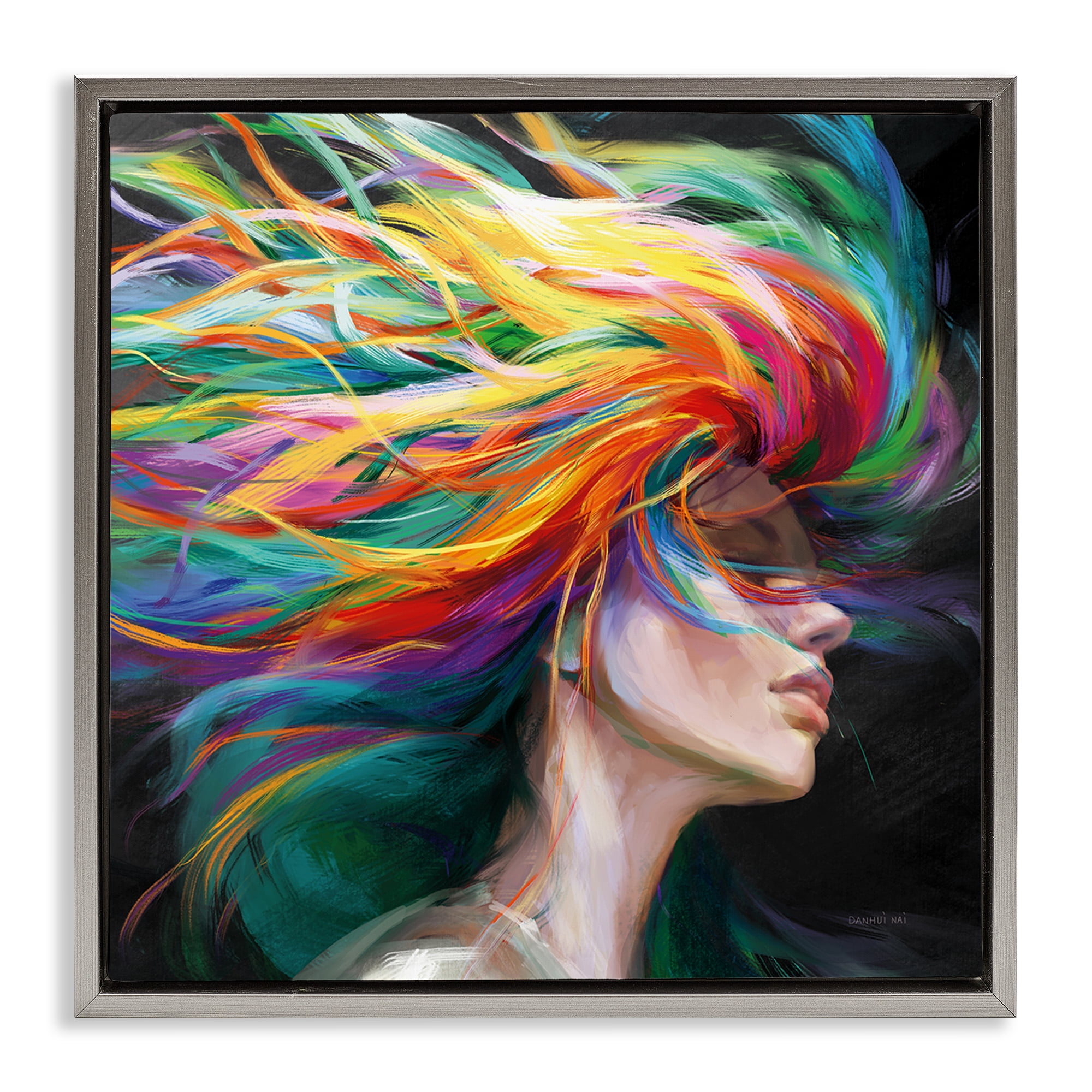 Stupell Industries Woman with Rainbow Hair People Painting Gray Floater Framed Canvas Art Print Wall Art, 18 x 18