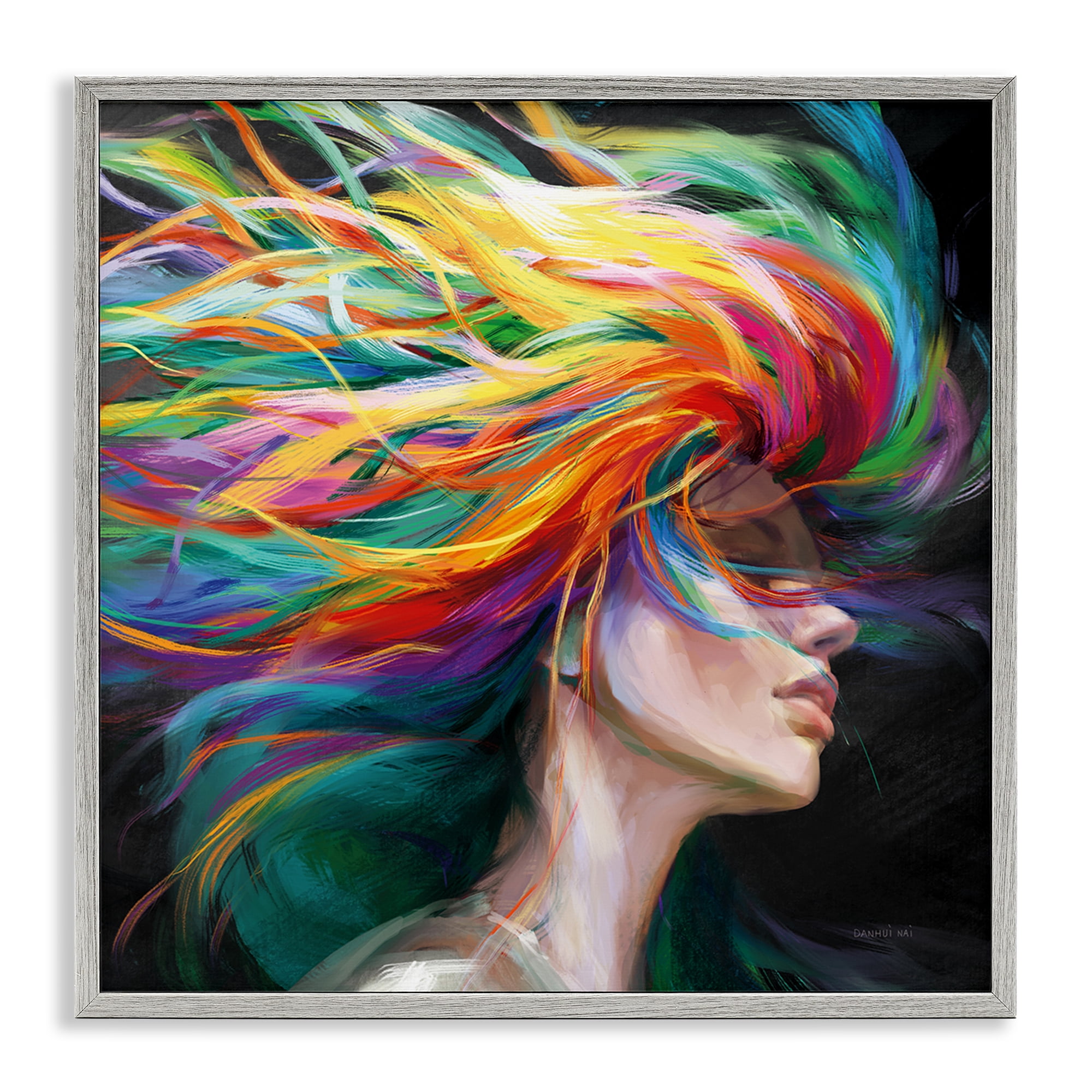 Stupell Industries Woman with Rainbow Hair People Painting Gray Framed Art Print Wall Art, 12 x 12