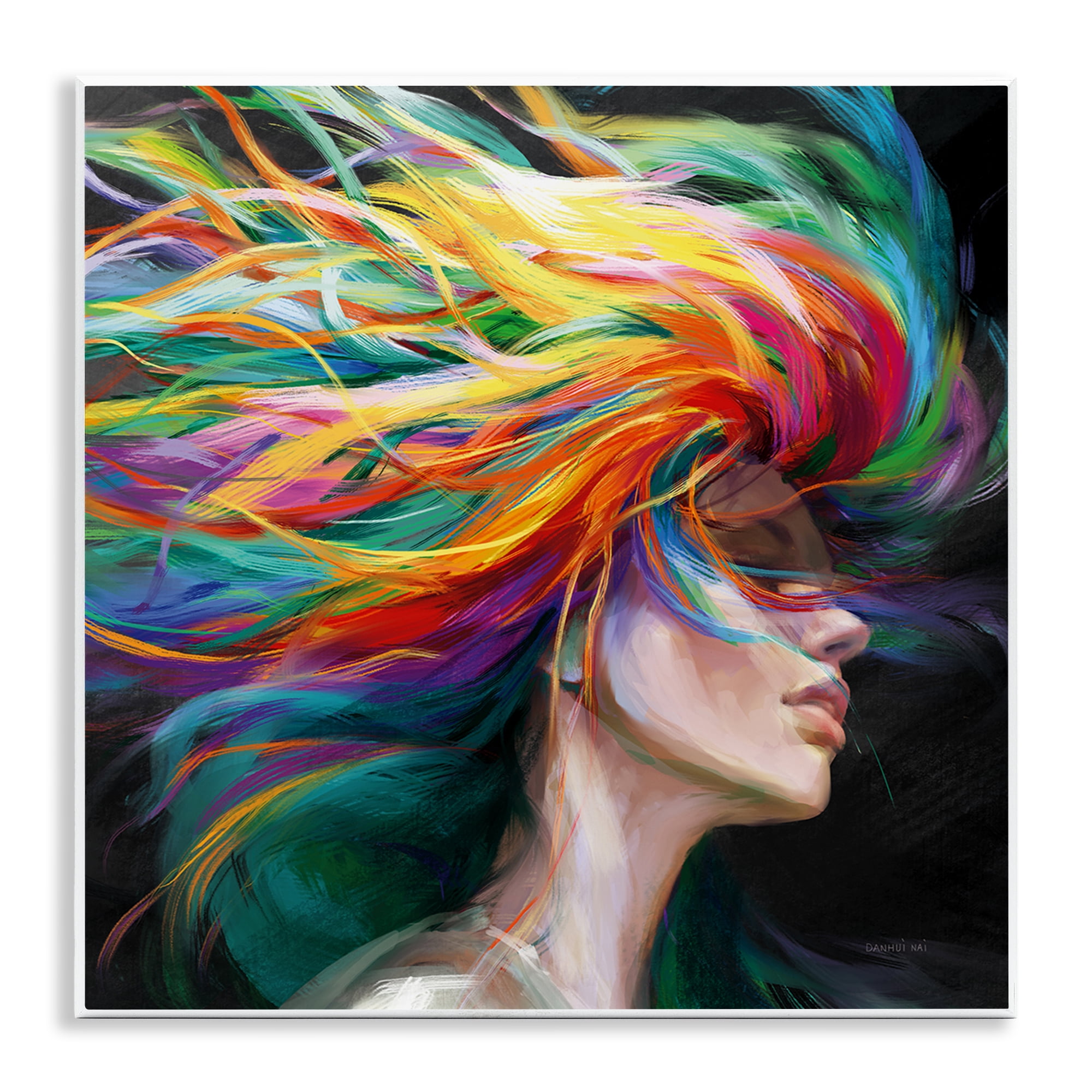 Stupell Industries Woman with Rainbow Hair People Painting Unframed Art Print Wall Art, 12 x 12