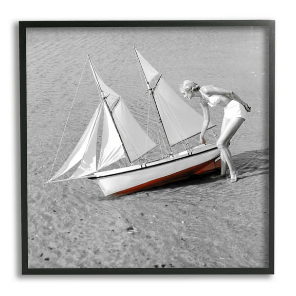Stupell Industries Woman with Sailboat Transportation Photography Black Framed Art Print Wall Art, 12 x 12