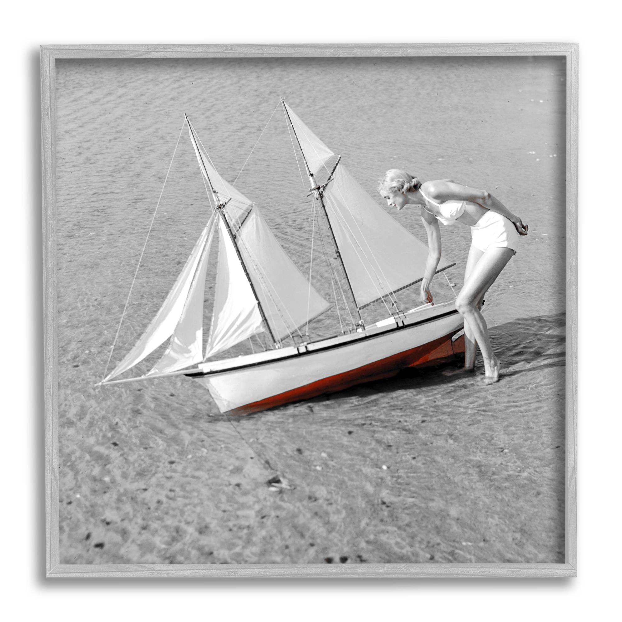 Stupell Industries Woman with Sailboat Transportation Photography Gray Framed Art Print Wall Art, 24 x 24