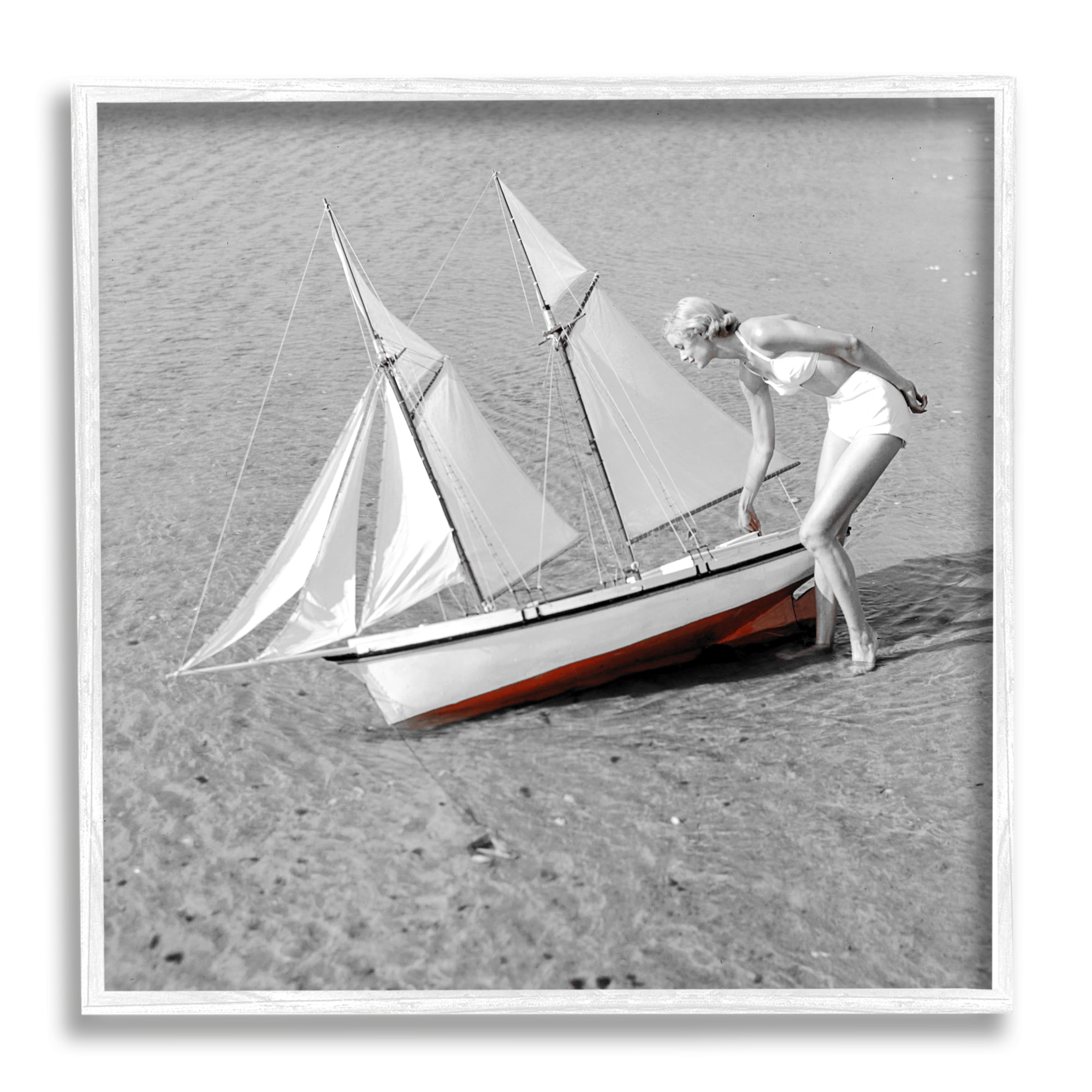 Stupell Industries Woman with Sailboat Transportation Photography White Framed Art Print Wall Art, 24 x 24