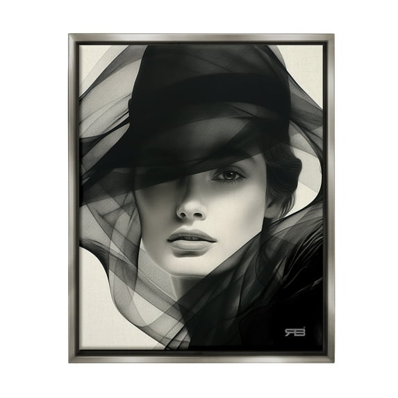 Stupell Industries Woman with Swirling Hat Beauty & Fashion Painting Gray Floater Framed Canvas Art Print Wall Art, 17 x 21