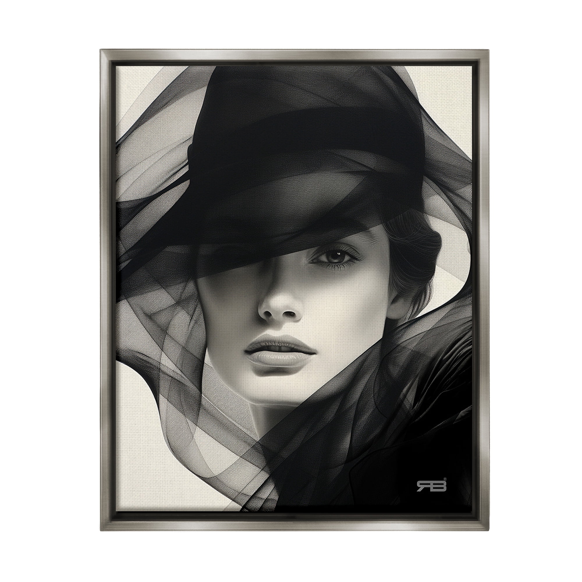 Stupell Industries Woman with Swirling Hat Beauty & Fashion Painting Gray Floater Framed Canvas Art Print Wall Art, 25 x 31