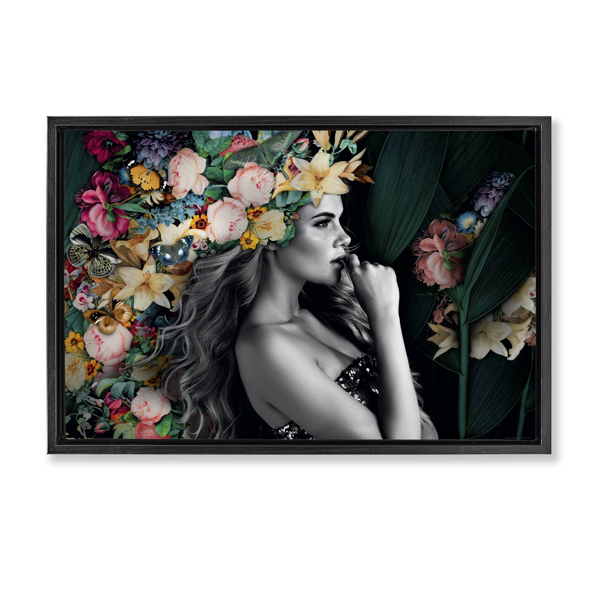 Stupell Industries Woman with Tropical Flowers Plants & Flowers Painting Black Floater Framed Canvas Art Print Wall Art, 25 x 17