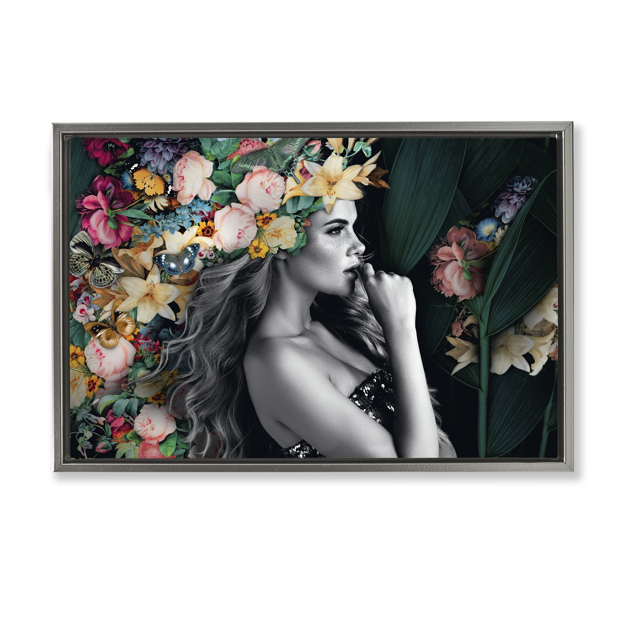 Stupell Industries Woman with Tropical Flowers Plants & Flowers Painting Gray Floater Framed Canvas Art Print Wall Art, 25 x 17