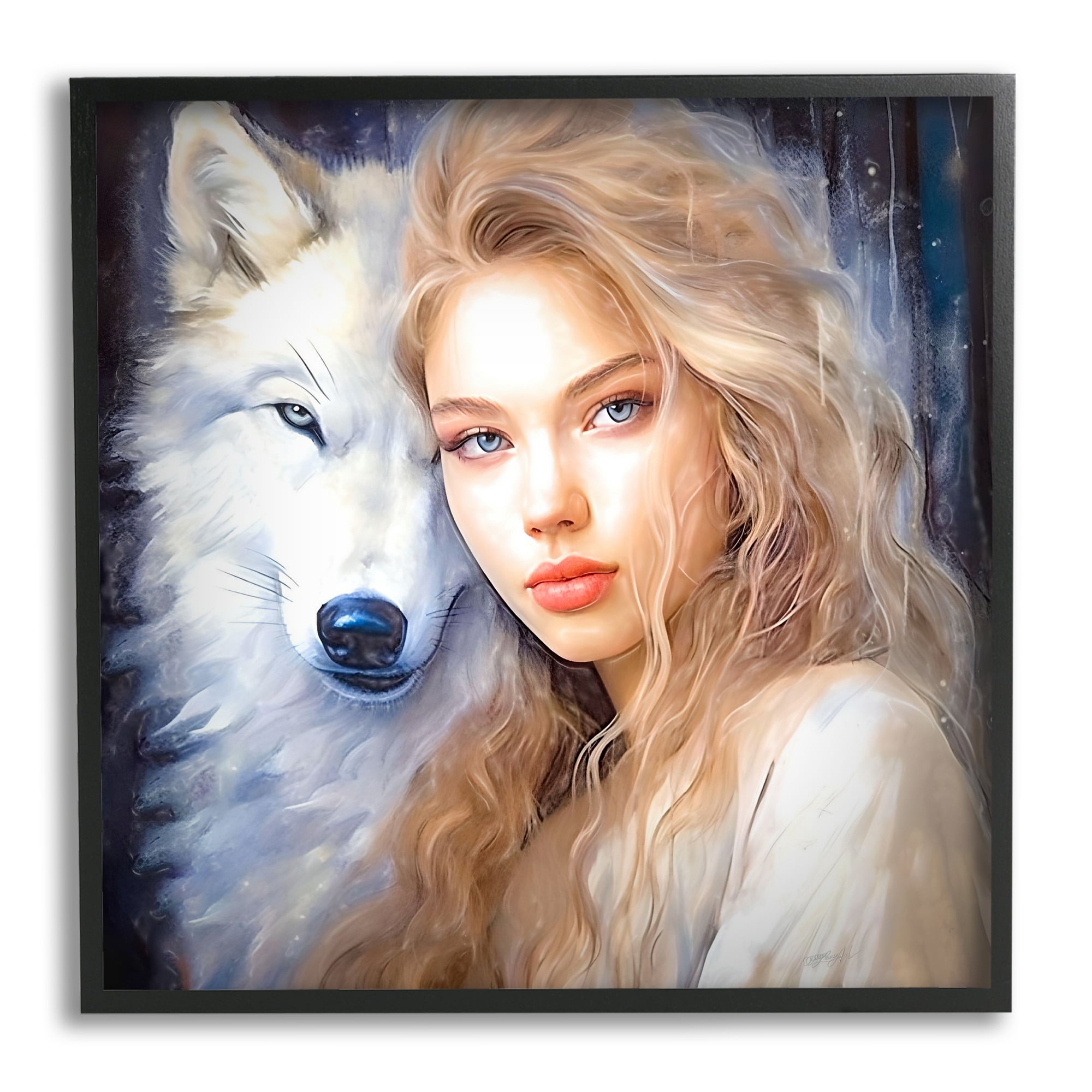 Stupell Industries Woman with White Wolf Animals & Insects Painting Black Framed Art Print Wall Art, 17 x 17
