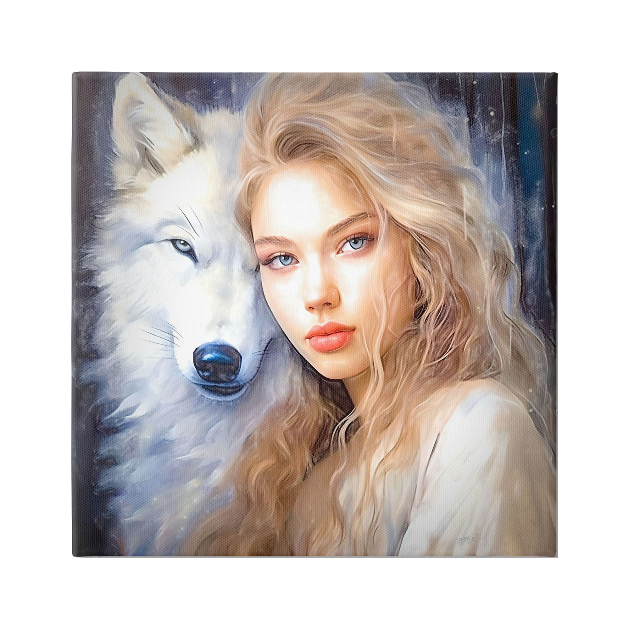 Stupell Industries Woman with White Wolf Animals & Insects Painting Gallery Wrapped Canvas Art Print Wall Art, 30 x 30