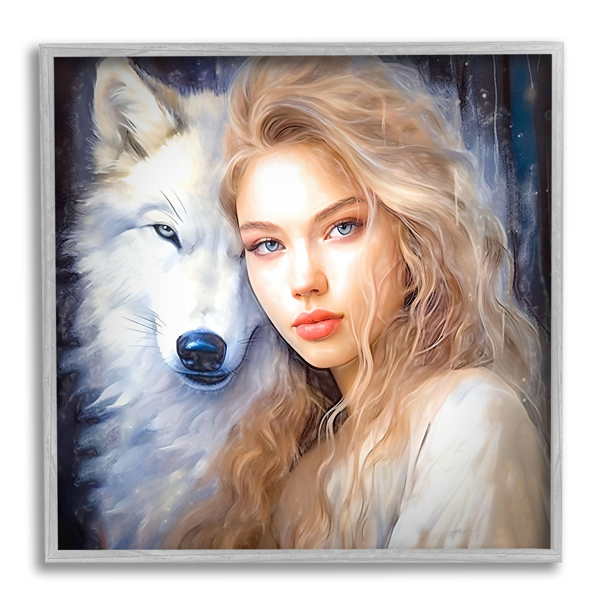 Stupell Industries Woman with White Wolf Animals & Insects Painting Gray Framed Art Print Wall Art, 17 x 17