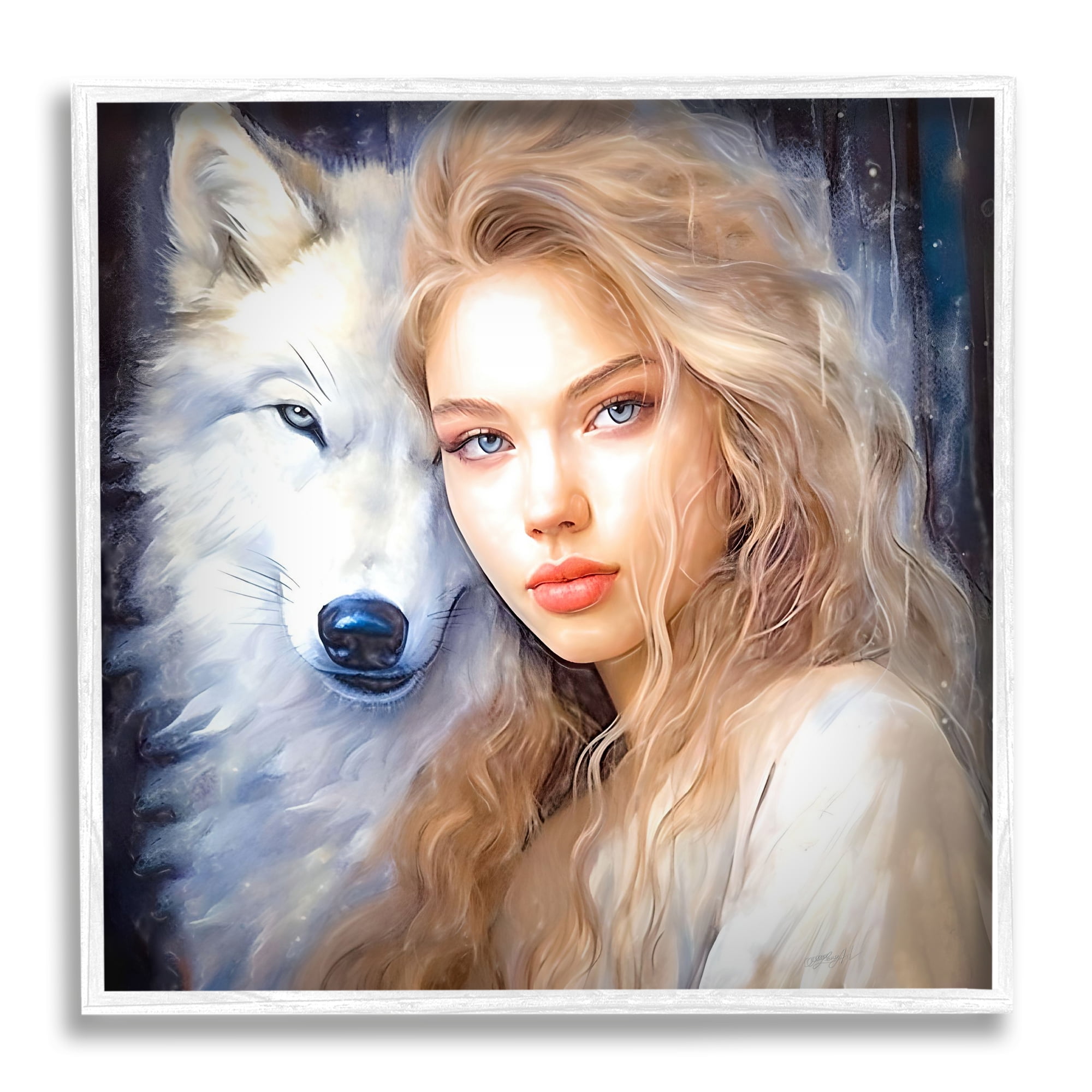 Stupell Industries Woman with White Wolf Animals & Insects Painting White Framed Art Print Wall Art, 12 x 12