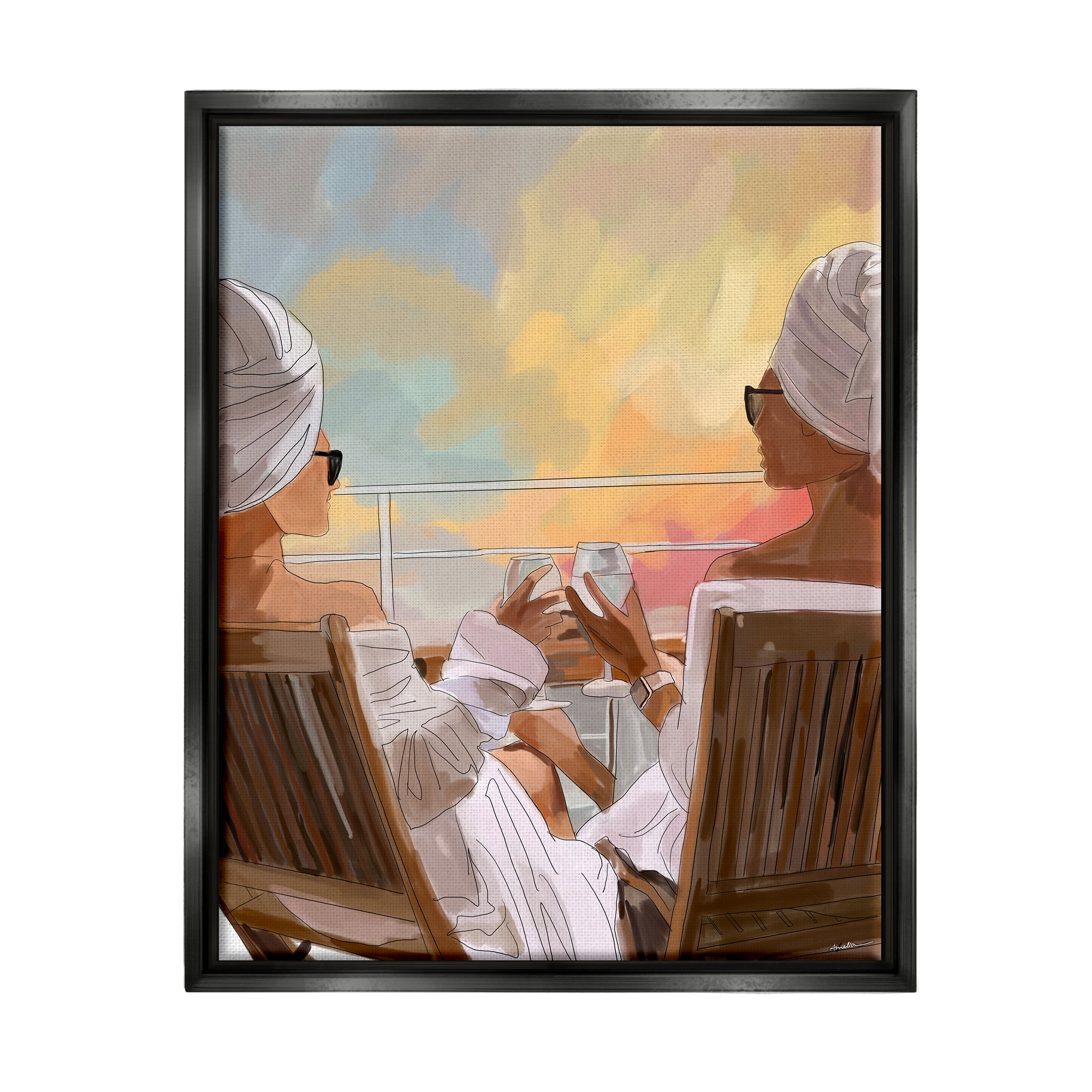 Stupell Industries Women Relaxing Sunset Cruise Coastal Painting Black Floater Framed Art Print Wall Art