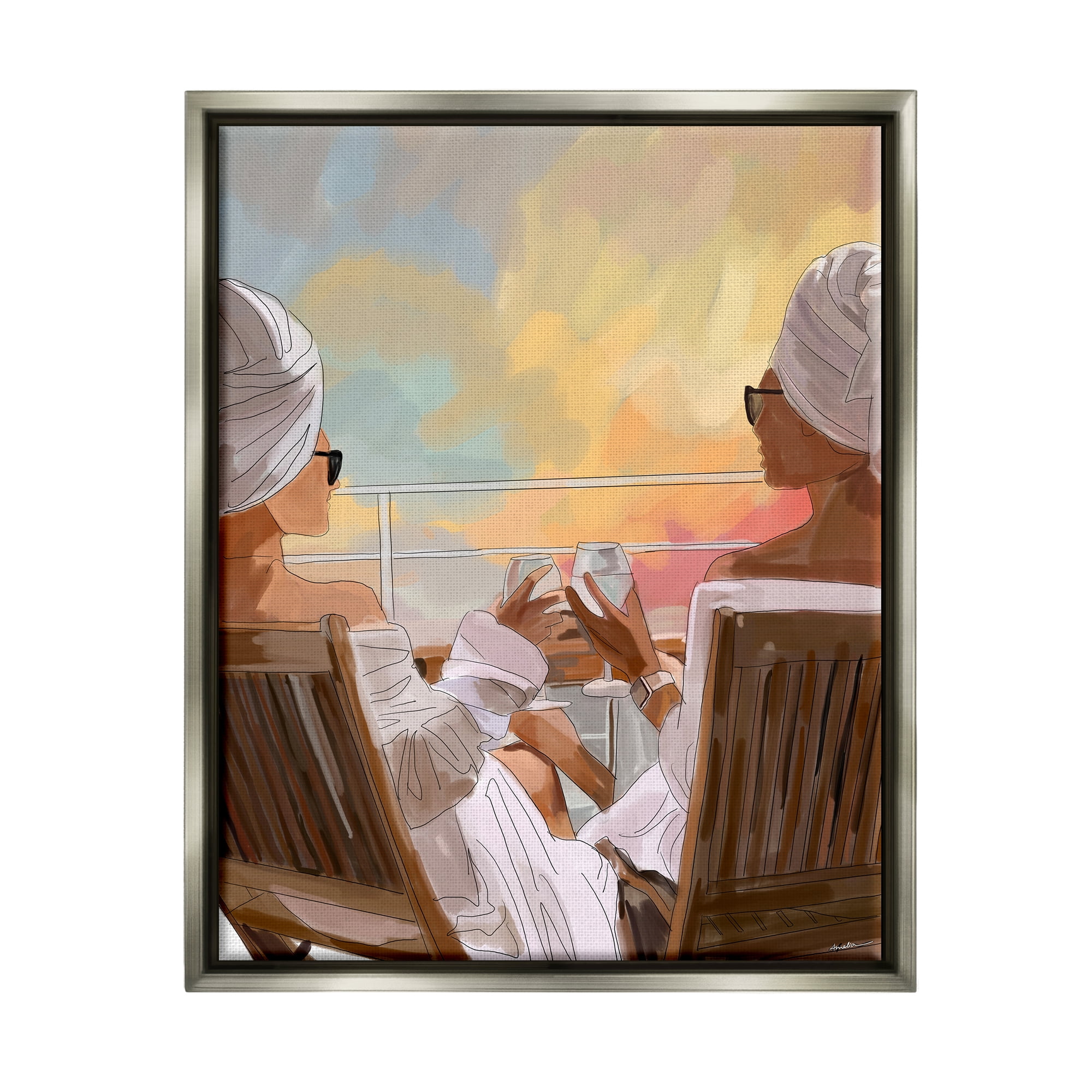 Stupell Industries Women Relaxing Sunset Cruise Coastal Painting Gray Floater Framed Art Print Wall Art