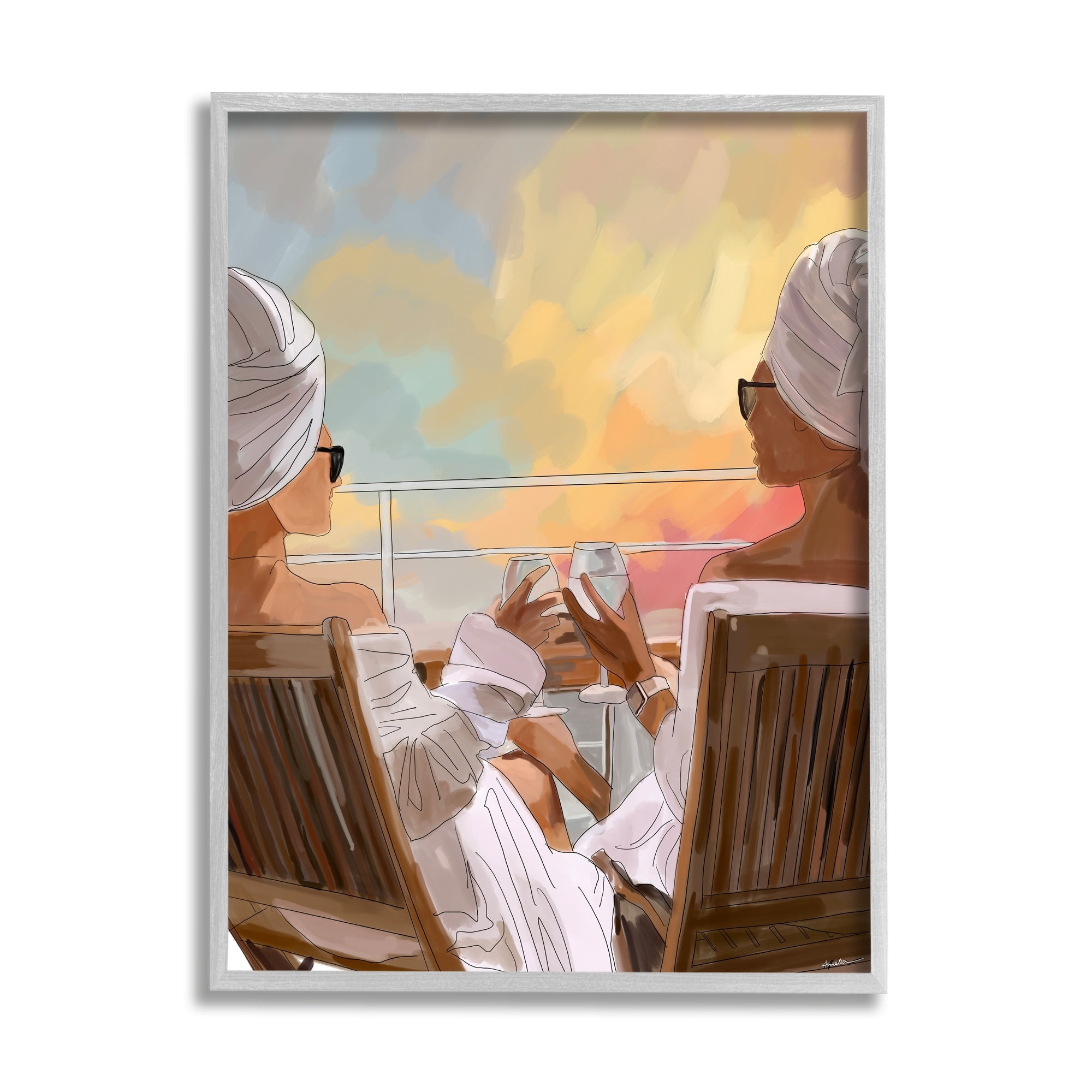 Stupell Industries Women Relaxing Sunset Cruise Coastal Painting Gray Framed Art Print Wall Art