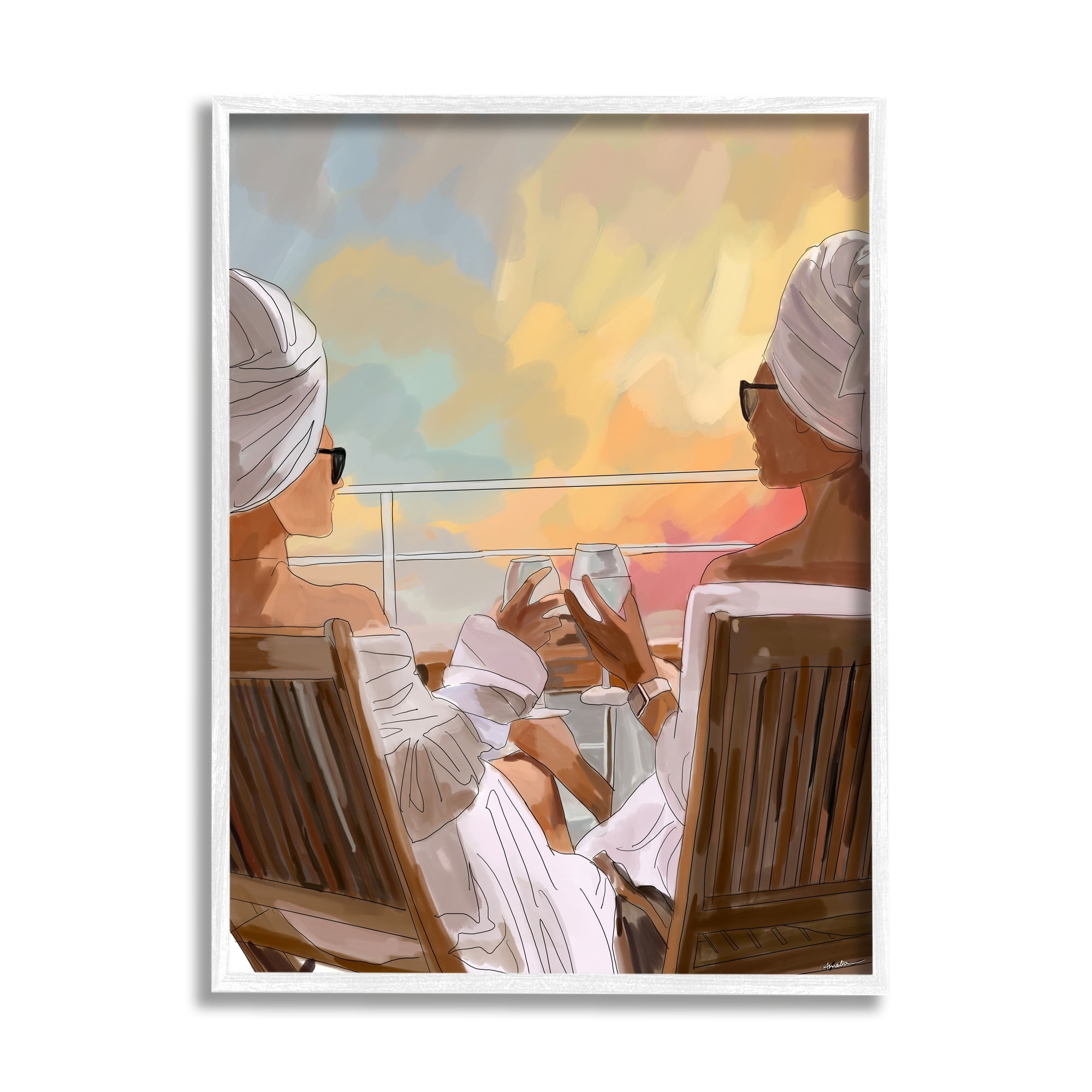 Stupell Industries Women Relaxing Sunset Cruise Coastal Painting White Framed Art Print Wall Art